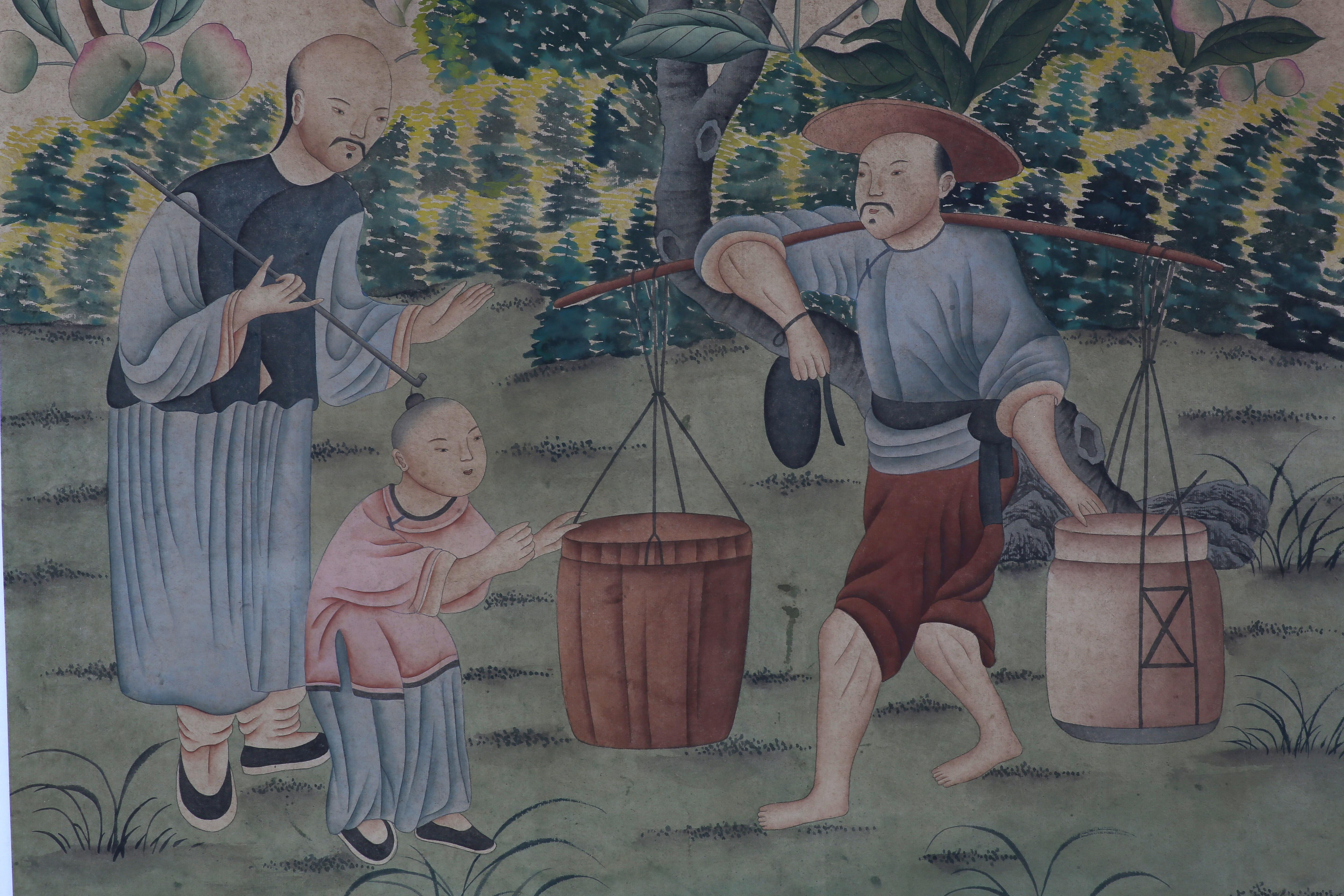 Chinoiserie Hand Painted Wallpaper Panels of People in Garden 1