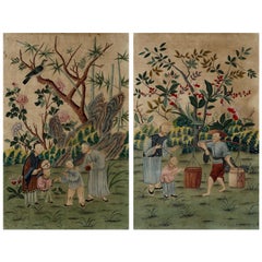 Chinoiserie Hand Painted Wallpaper Panels of People in Garden
