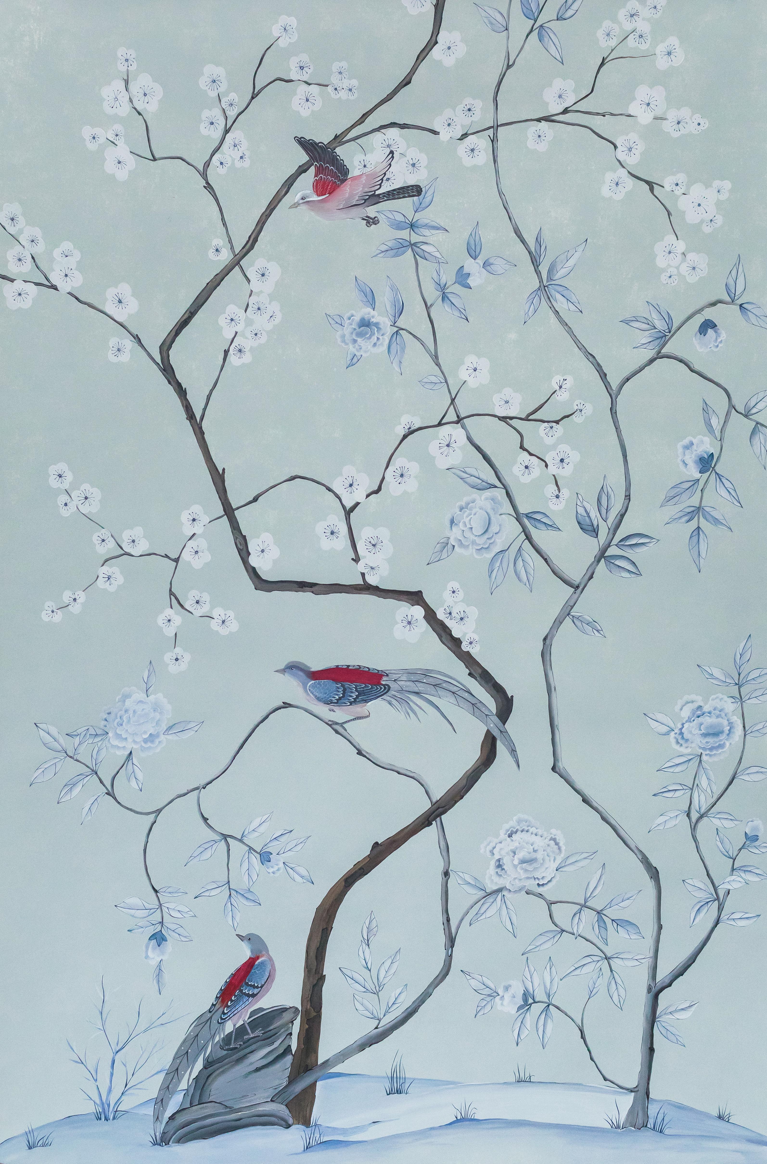 Chinoiserie chinoiserie Hand Painted Chinese Panel 19th Century a Winter Tale For Sale
