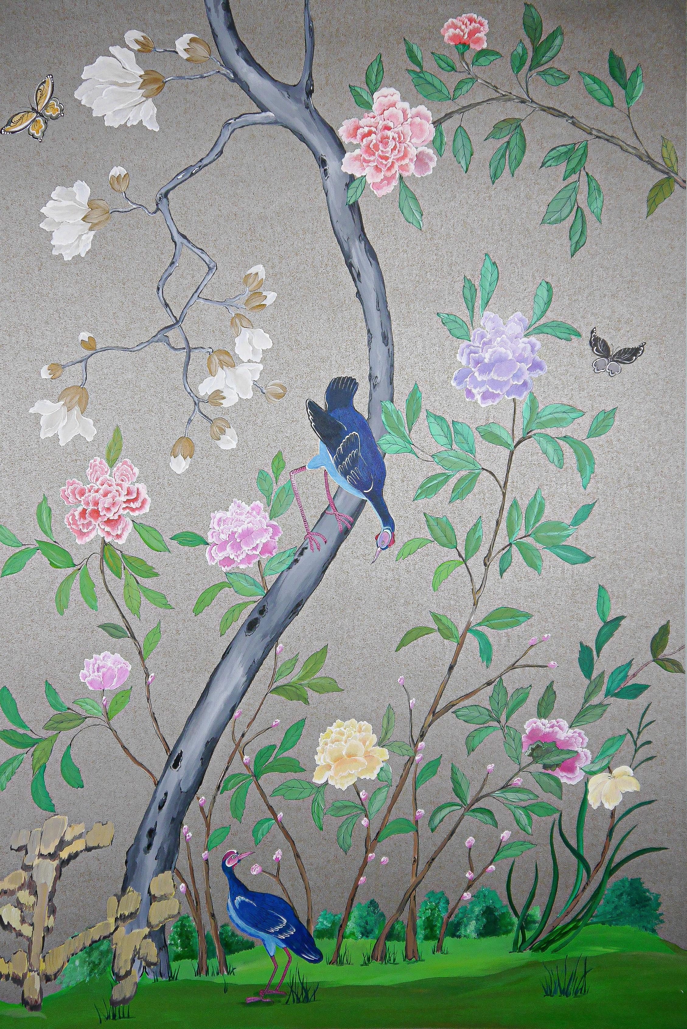 Berkeley: A reproduction of Chinese wallpaper panels, dated 1790-1810, in-stock. A suite of 24 Chinese export wallpaper panels was sold at Sotheby's for 137500 GBP.

This is a customized order for a set of 3 panels on dark silver metallic