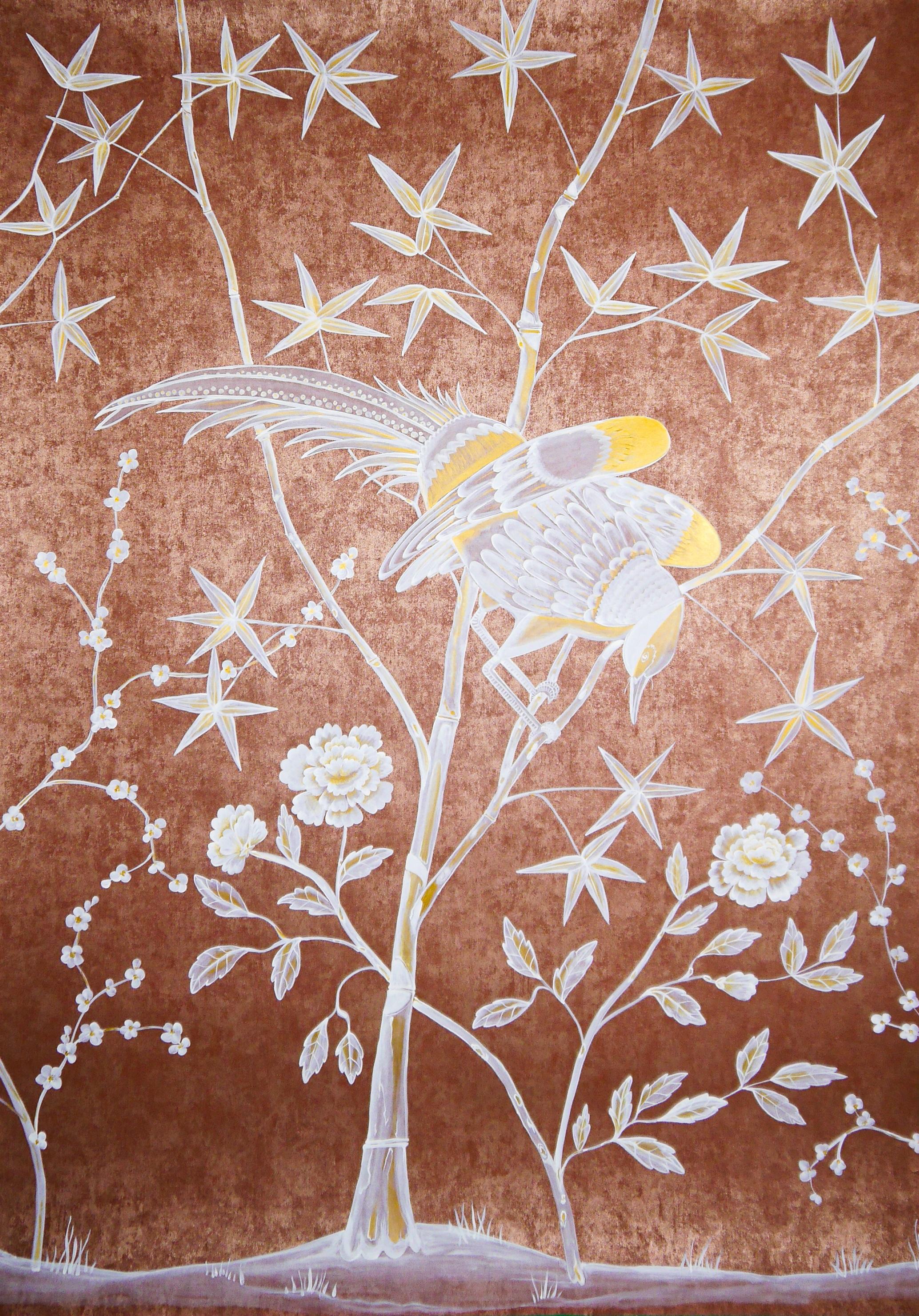Caledon: exotic birds and bamboo in white and gold on a red-gold metallic background, inspired by Caledon original. A set of three panels. The size is 160*102 centimeters per panel. When put together, all three panels build one image.
The video is