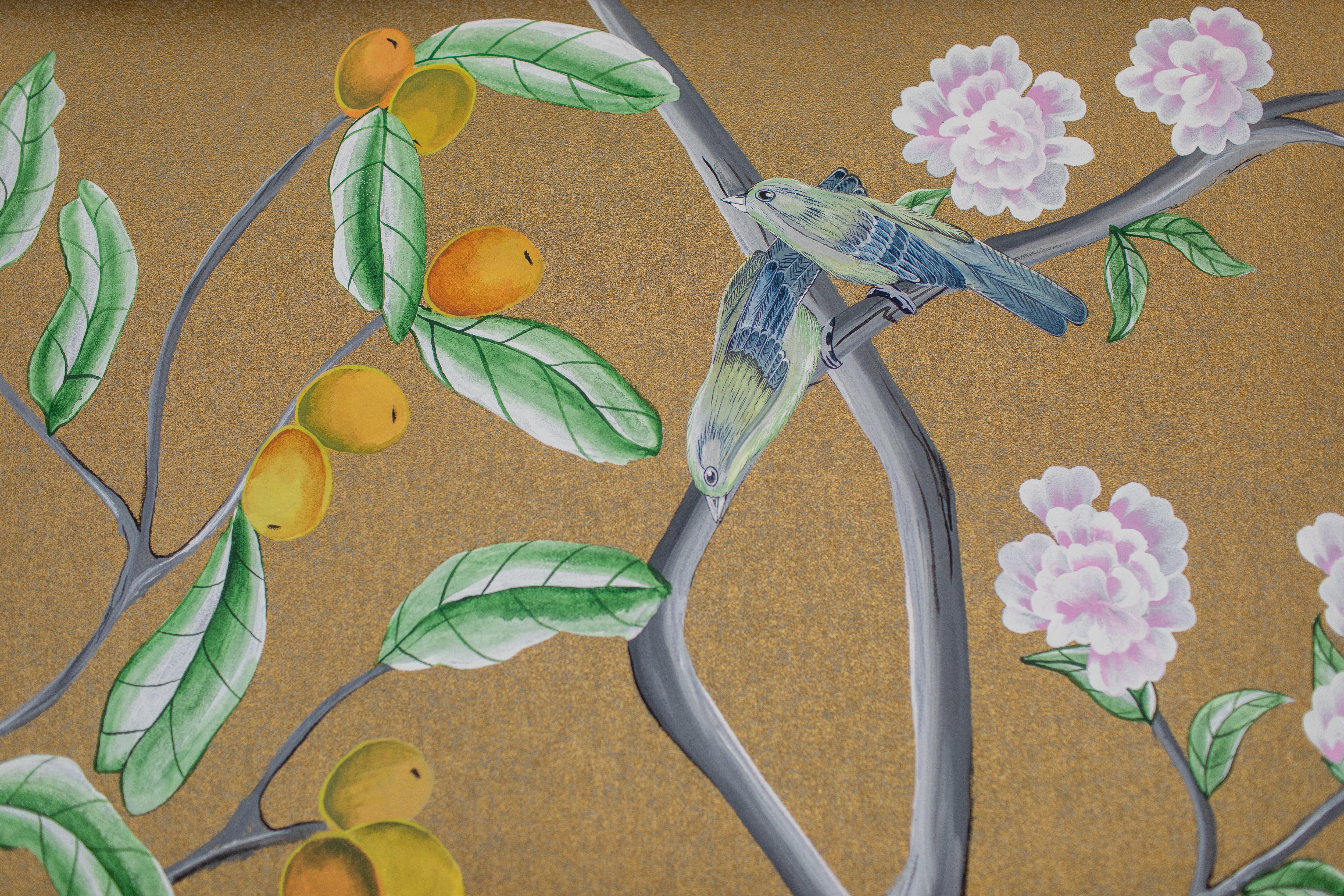 Chinoiserie Handbemalte chinesische Chinoiserie-Tafel mit verzaubertem Pfauengarten aus dem 19. Jahrhundert im Angebot 4