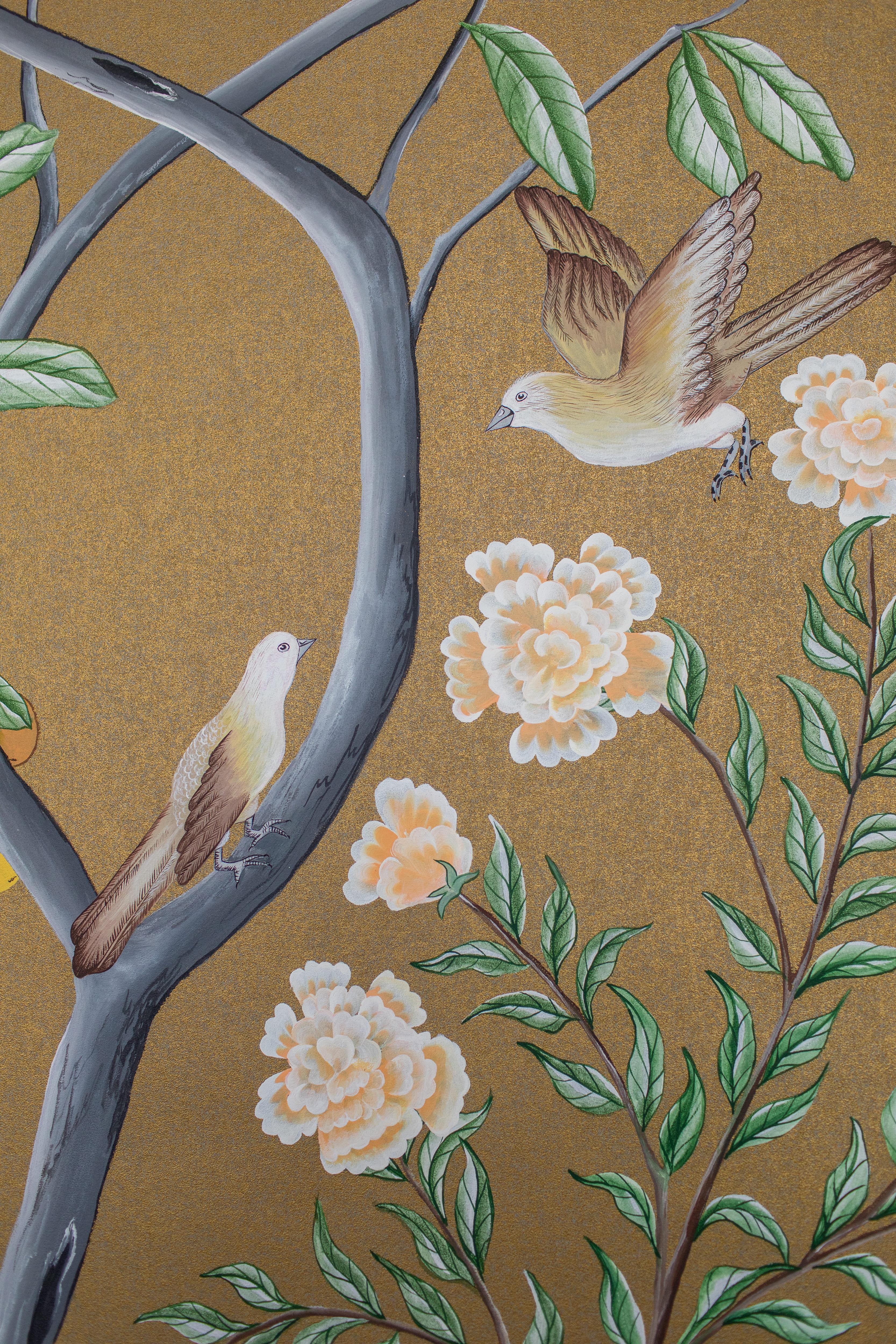 Chinoiserie Handbemalte chinesische Chinoiserie-Tafel mit verzaubertem Pfauengarten aus dem 19. Jahrhundert (Deutsch) im Angebot