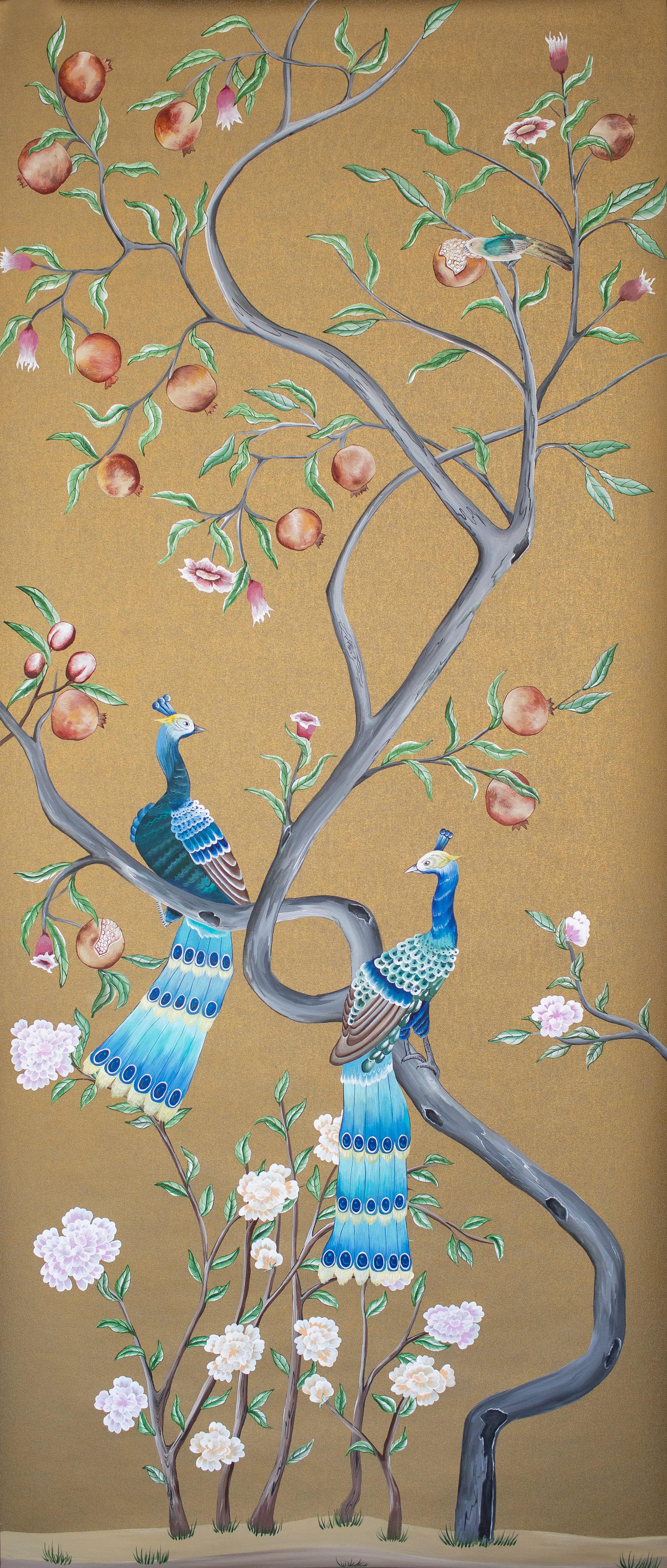 German Chinoiserie Hand Painted Chinese Panel 19th Century Enchanted Peacock Garden For Sale