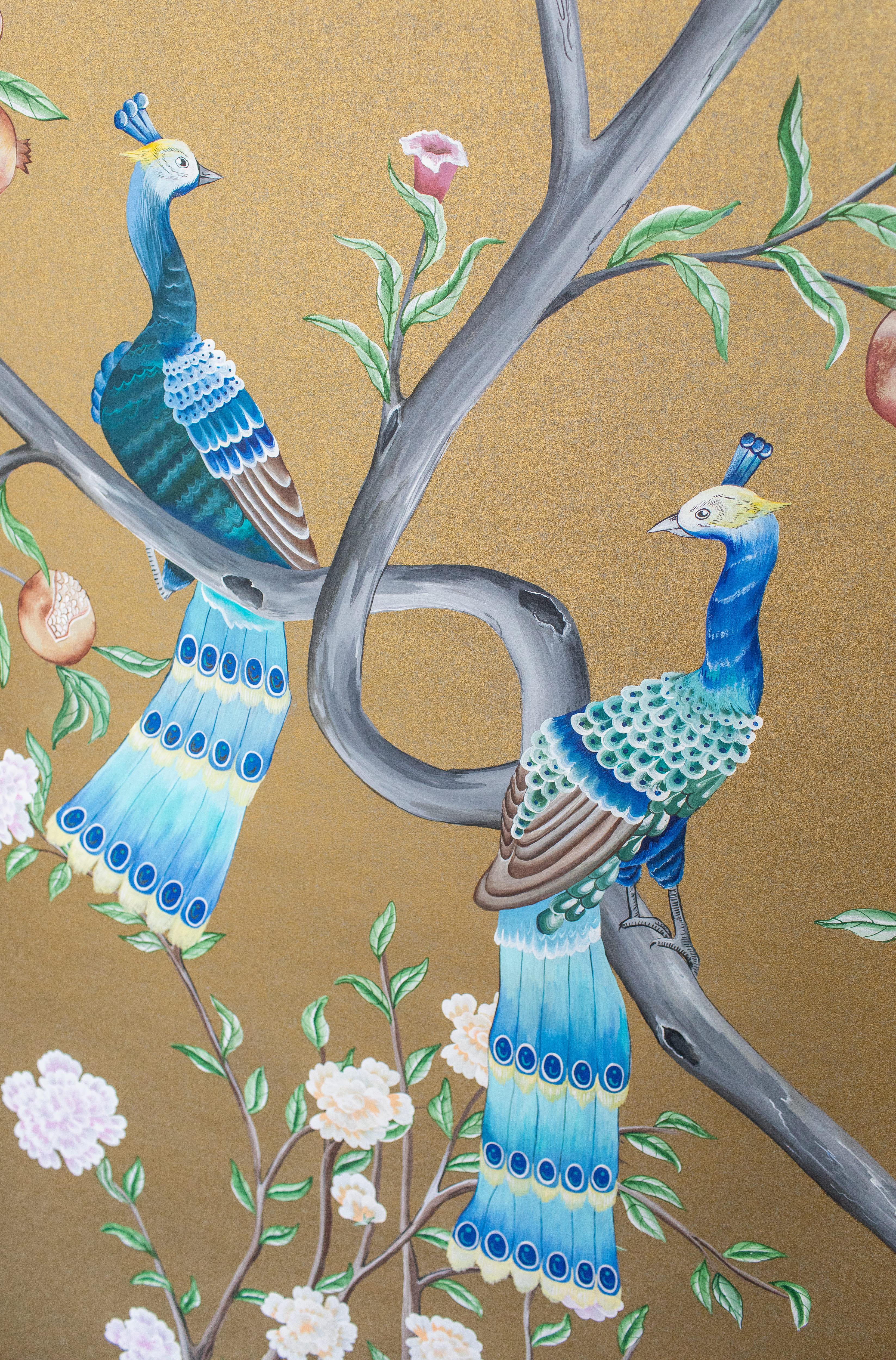 Hand-Painted Chinoiserie Hand Painted Chinese Panel 19th Century Enchanted Peacock Garden For Sale