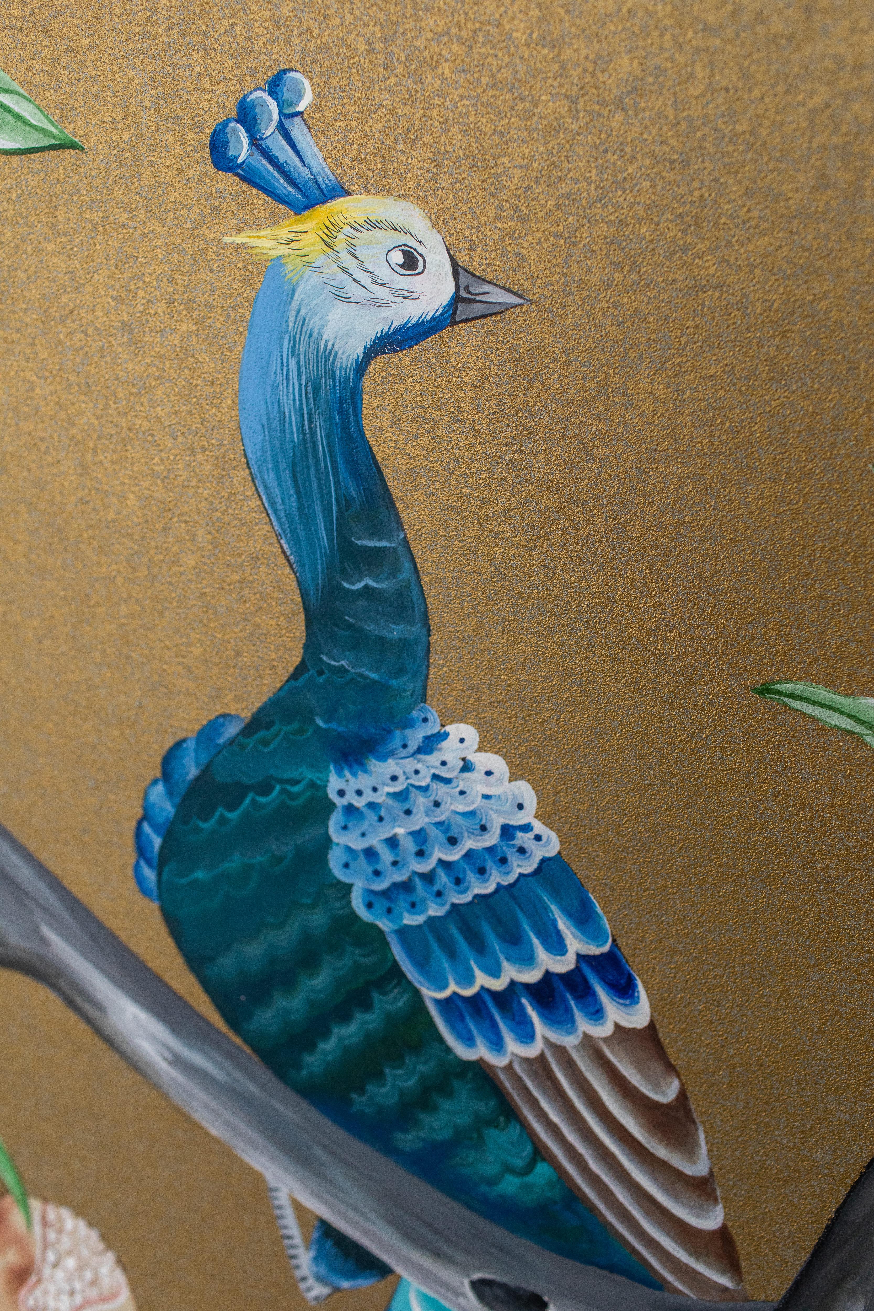 Peint à la main Panneau chinois peint à la main 19ème siècle Enchanted Peacock Garden en vente
