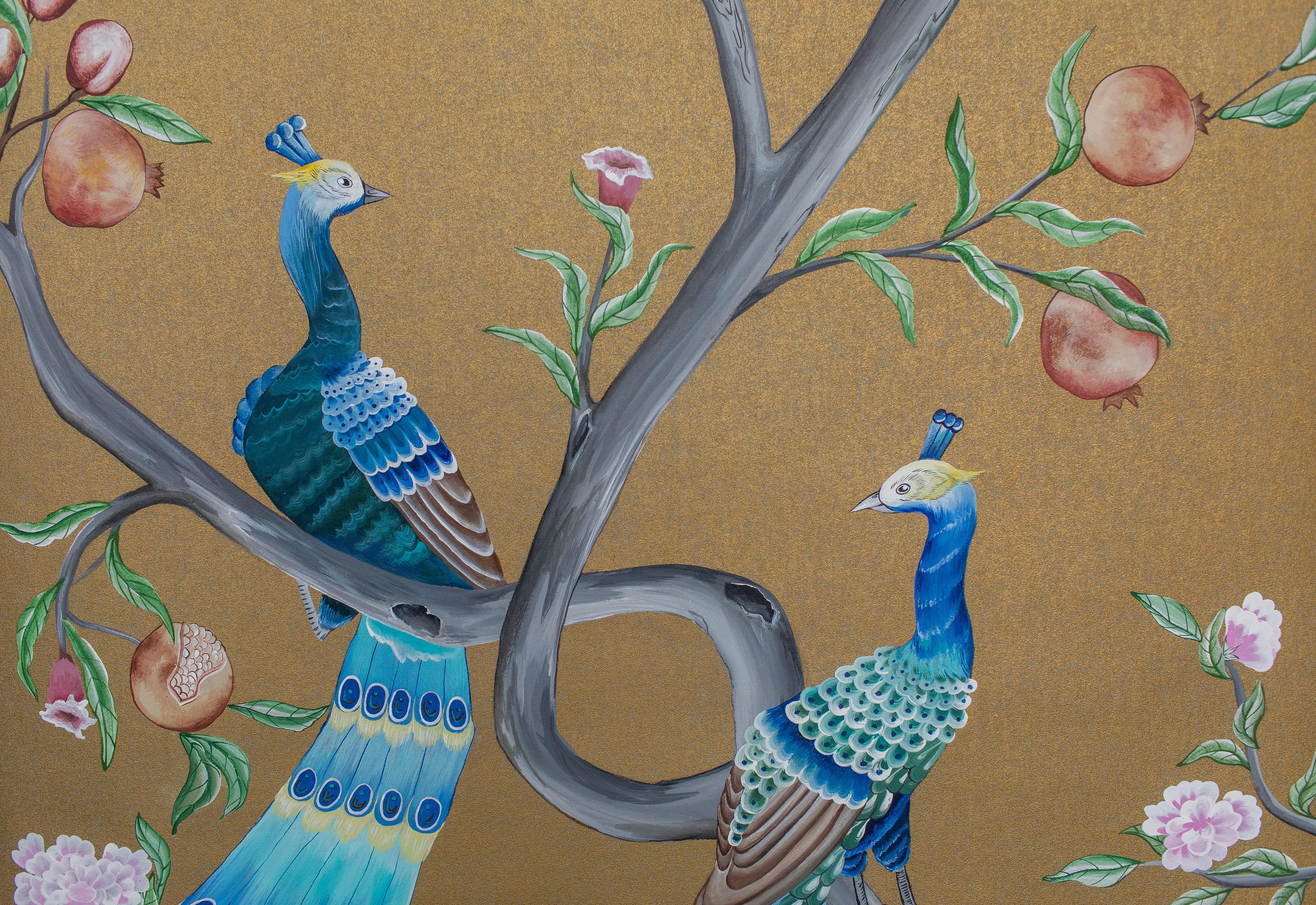 Paper Chinoiserie Hand Painted Chinese Panel 19th Century Enchanted Peacock Garden For Sale