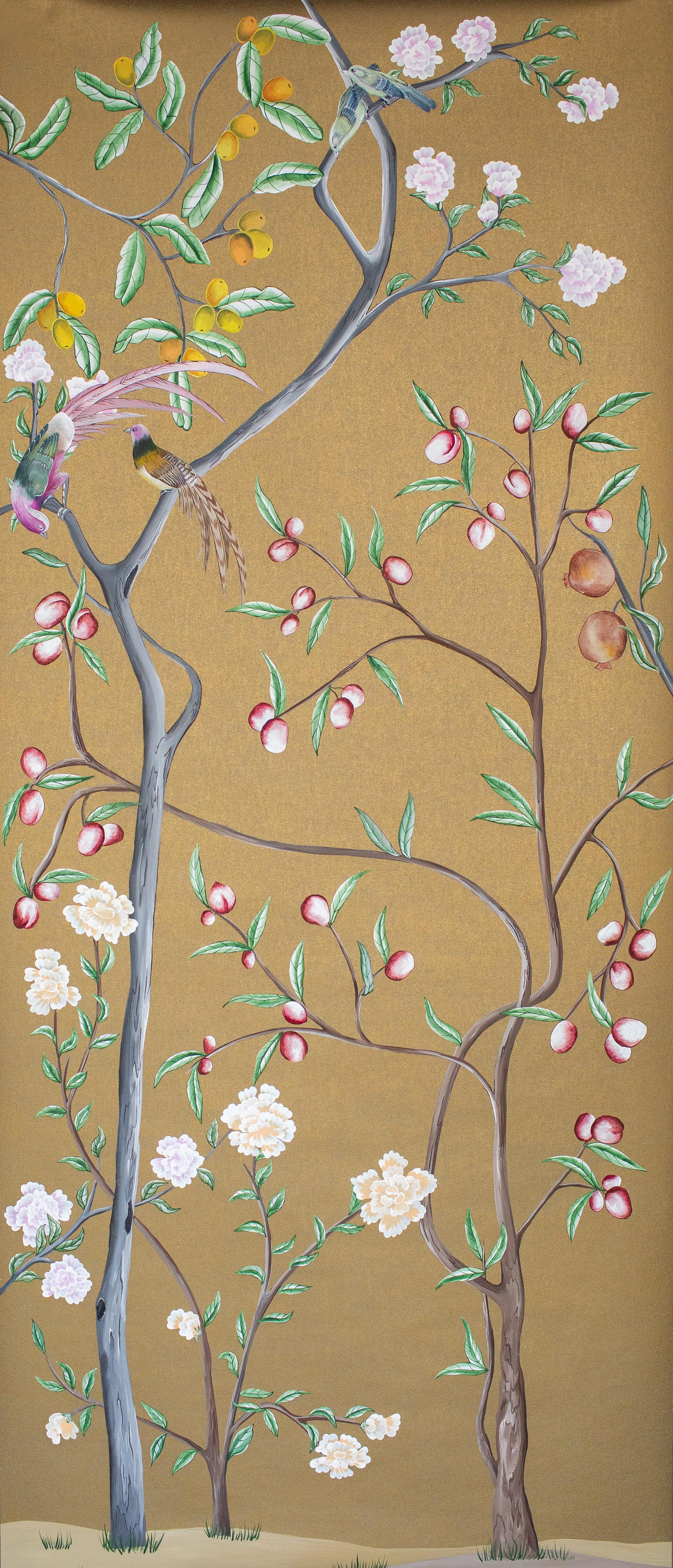 Contemporary Handpainted Chinese Wallpaper Chinoiserie Enchanted Peacock Garden 19th Century For Sale