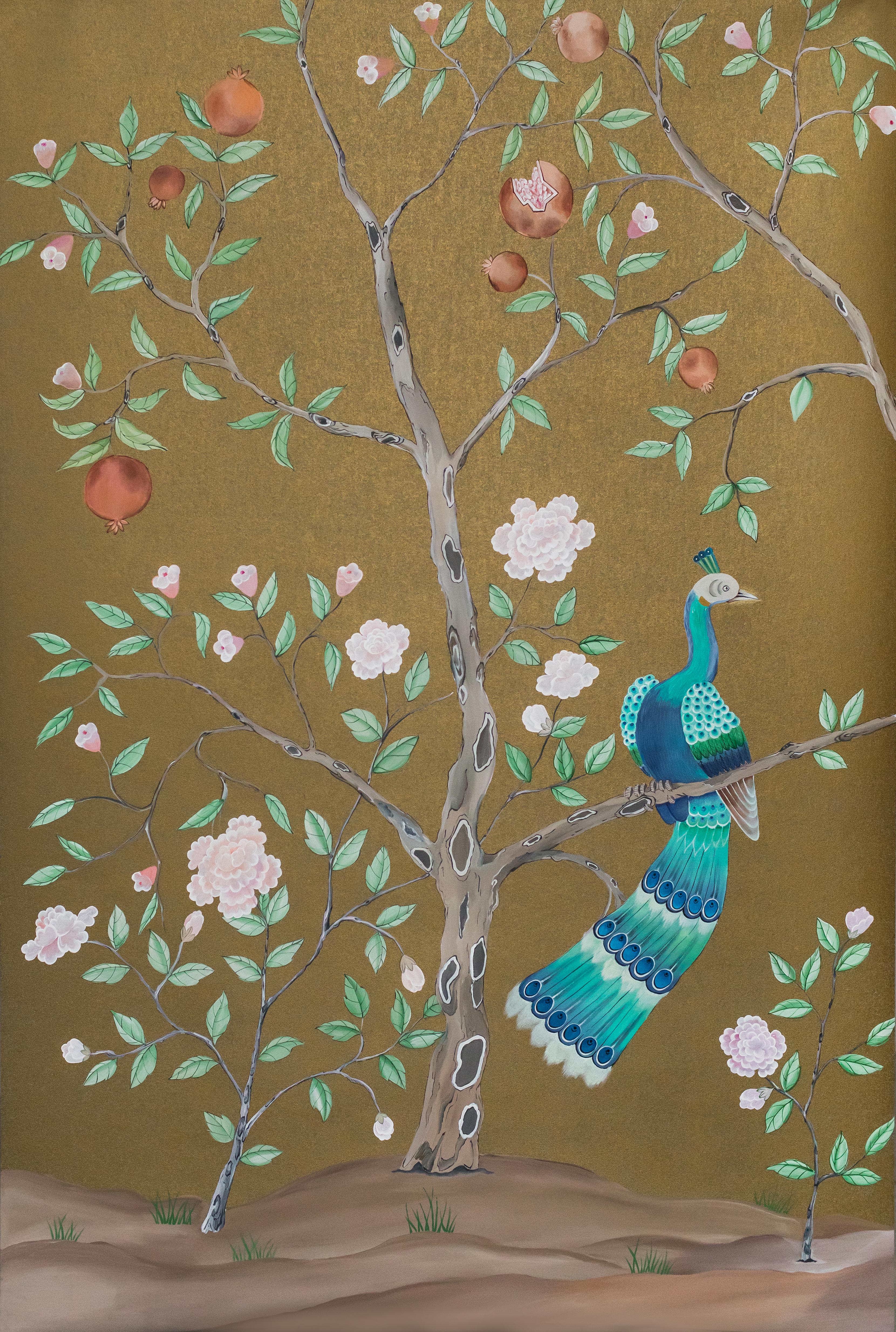 Peacock garden on dark gold background: an enchanted garden, featuring peacocks on pomegranate trees, inspired by a Qing Dynasty original. A set of three panels.

Our wallpapers and panels are produced with love and patience, the artists invest