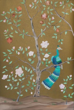 Chinoiserie Hand Painted Chinese Panel 19th Century Peacock Garden Dark Gold
