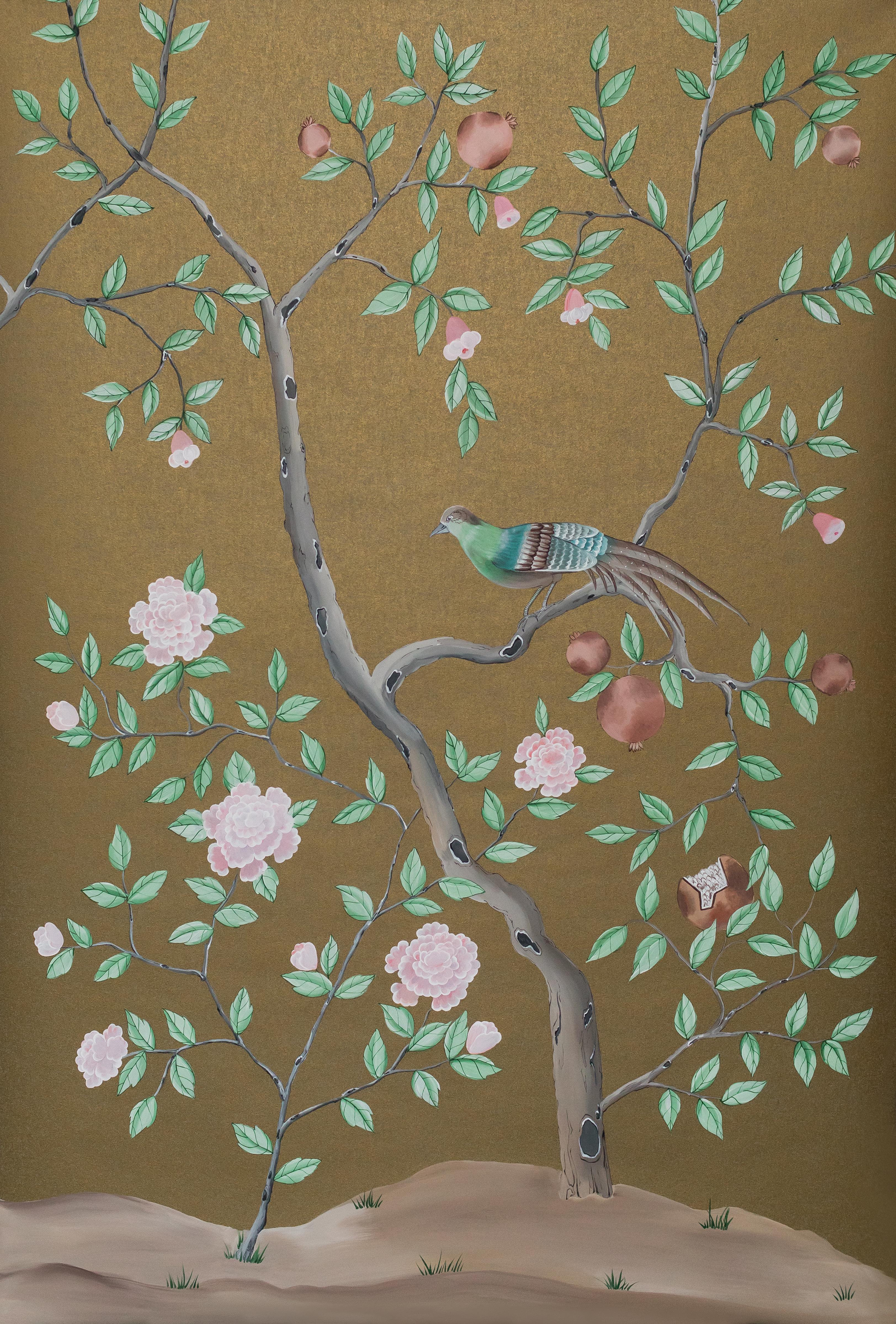 German Chinoiserie Hand Painted Chinese Panel 19th Century Peacock Garden Dark Gold For Sale