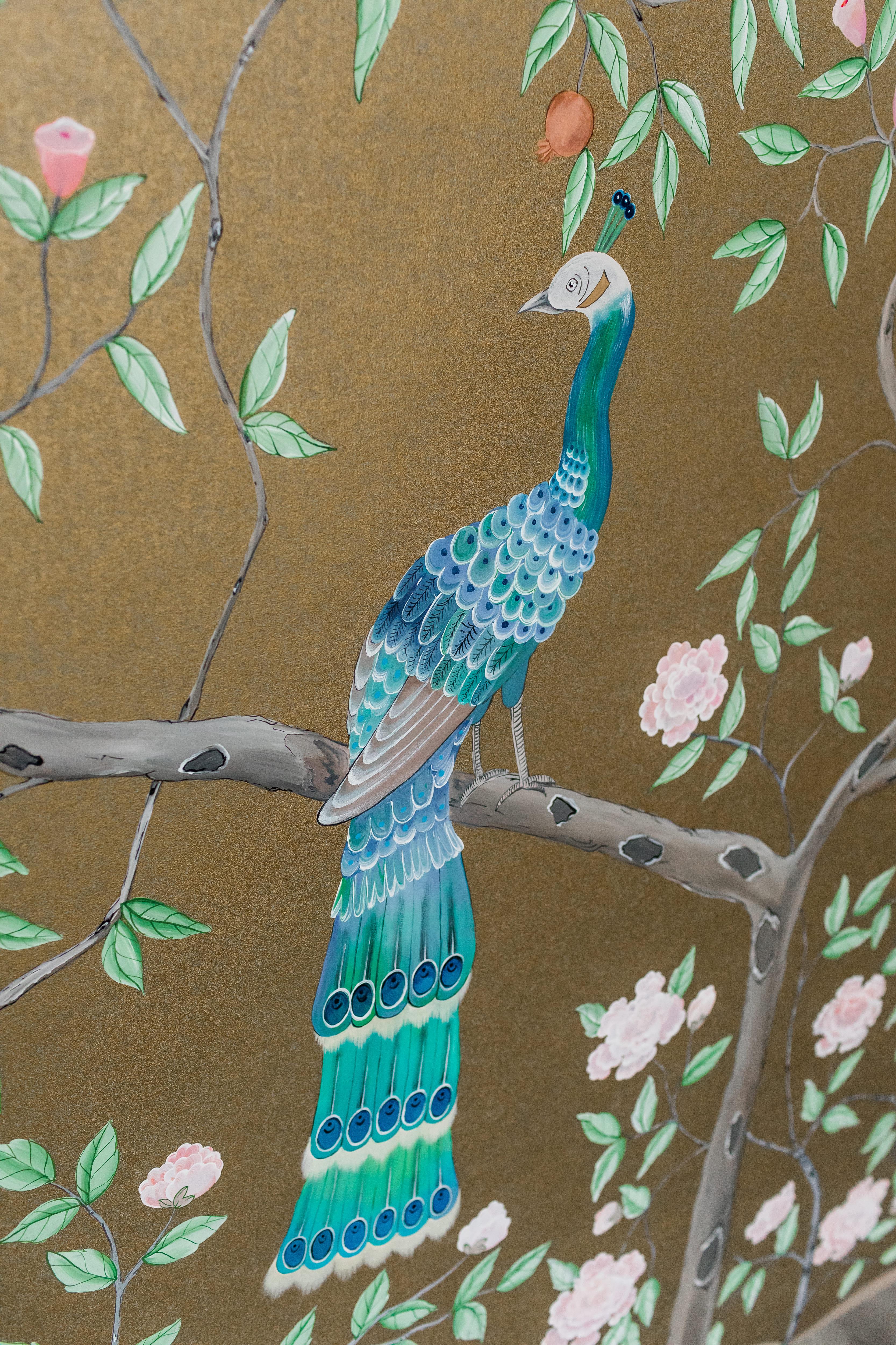 Paper Chinoiserie Hand Painted Chinese Panel 19th Century Peacock Garden Dark Gold For Sale