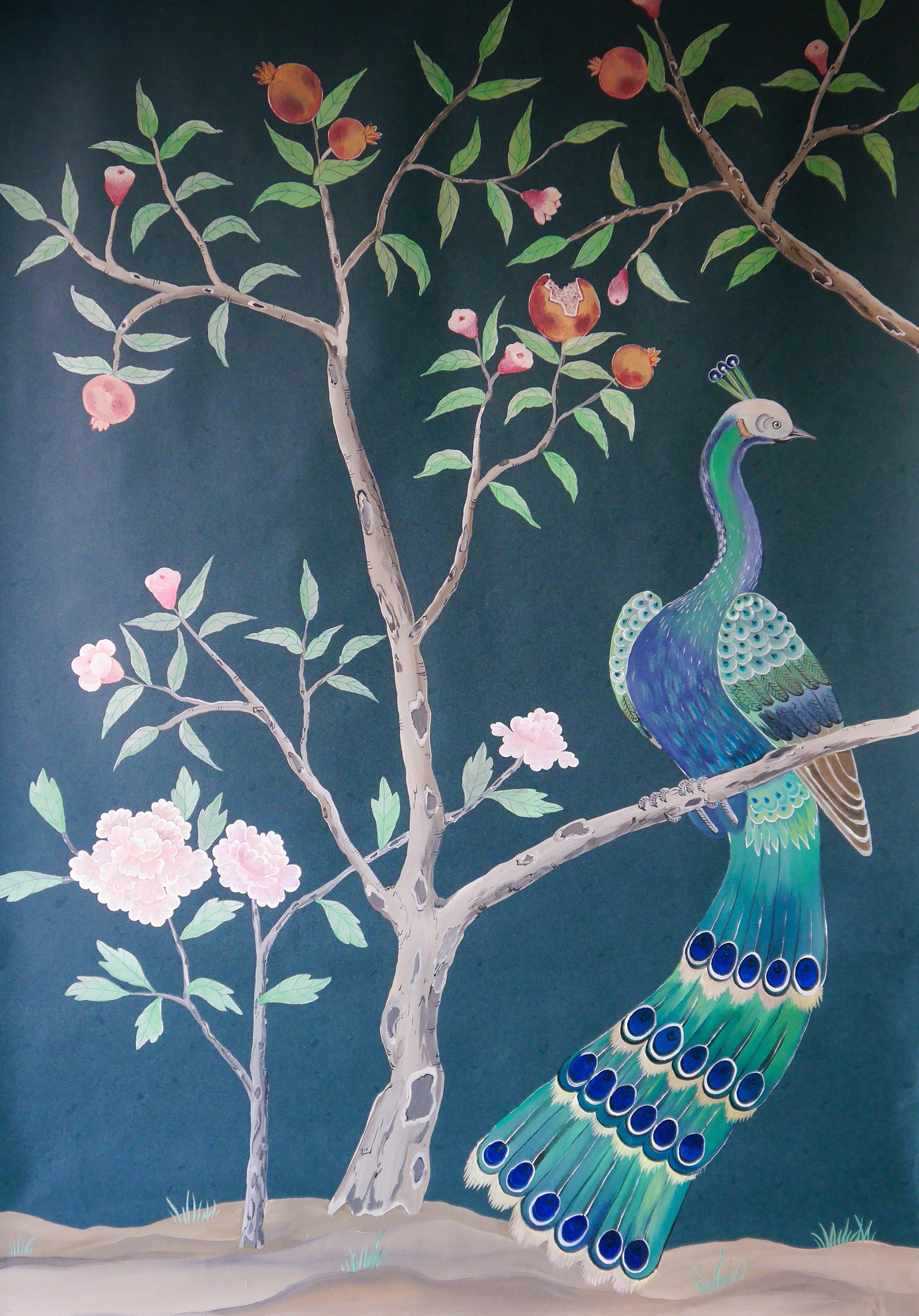 Peacock garden on teal leather look background: an enchanted garden, featuring peacocks on pomegranate trees, inspired by a Qing Dynasty original. A set of three panels.

Our wallpapers and panels are produced with love and patience, the artists