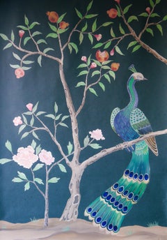 Chinoiserie Hand Painted Chinese Wallpaper Panel 19th Century Peacock Garden