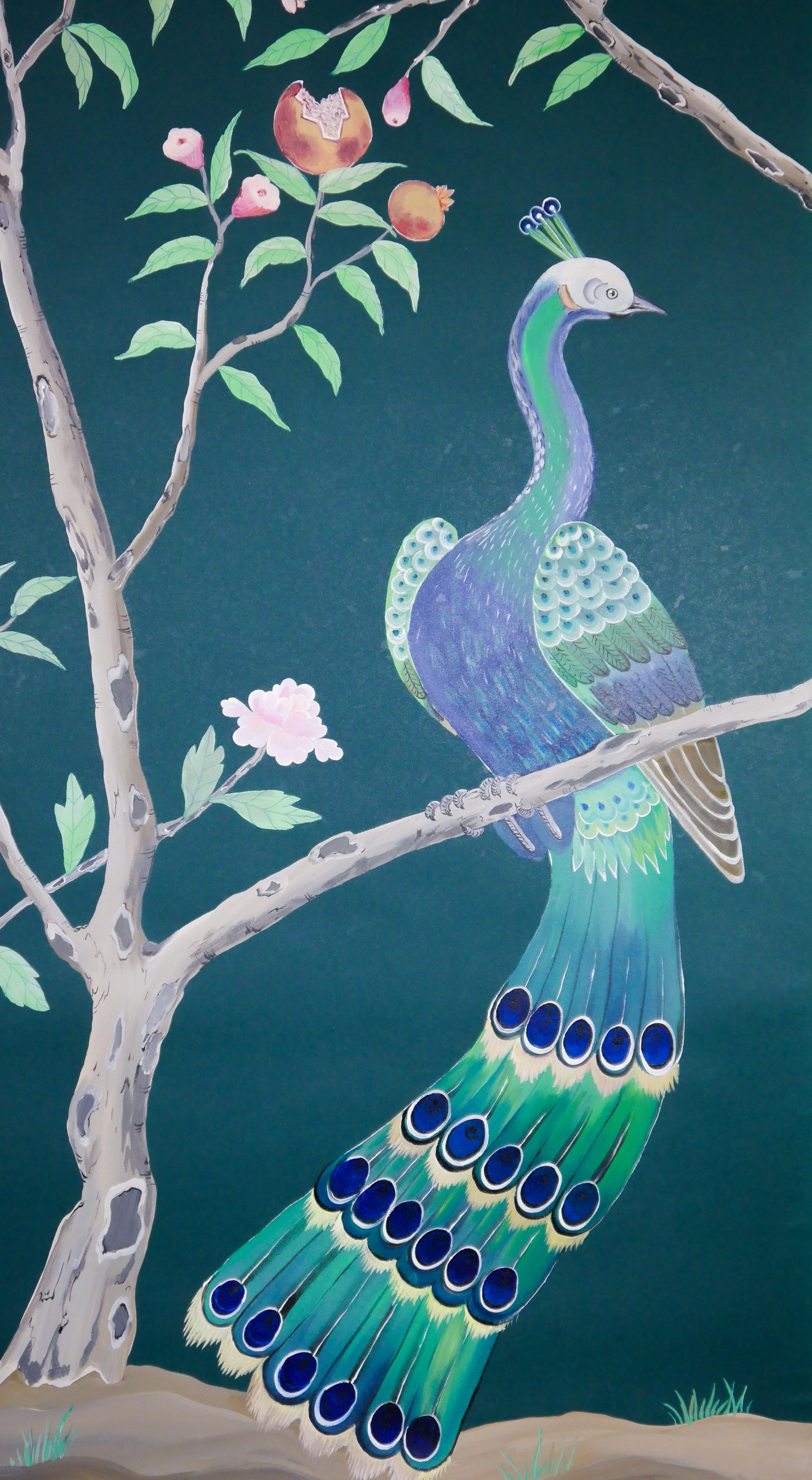 German Chinoiserie Hand Painted Chinese Panel 19th Century Peacock Garden Teal For Sale
