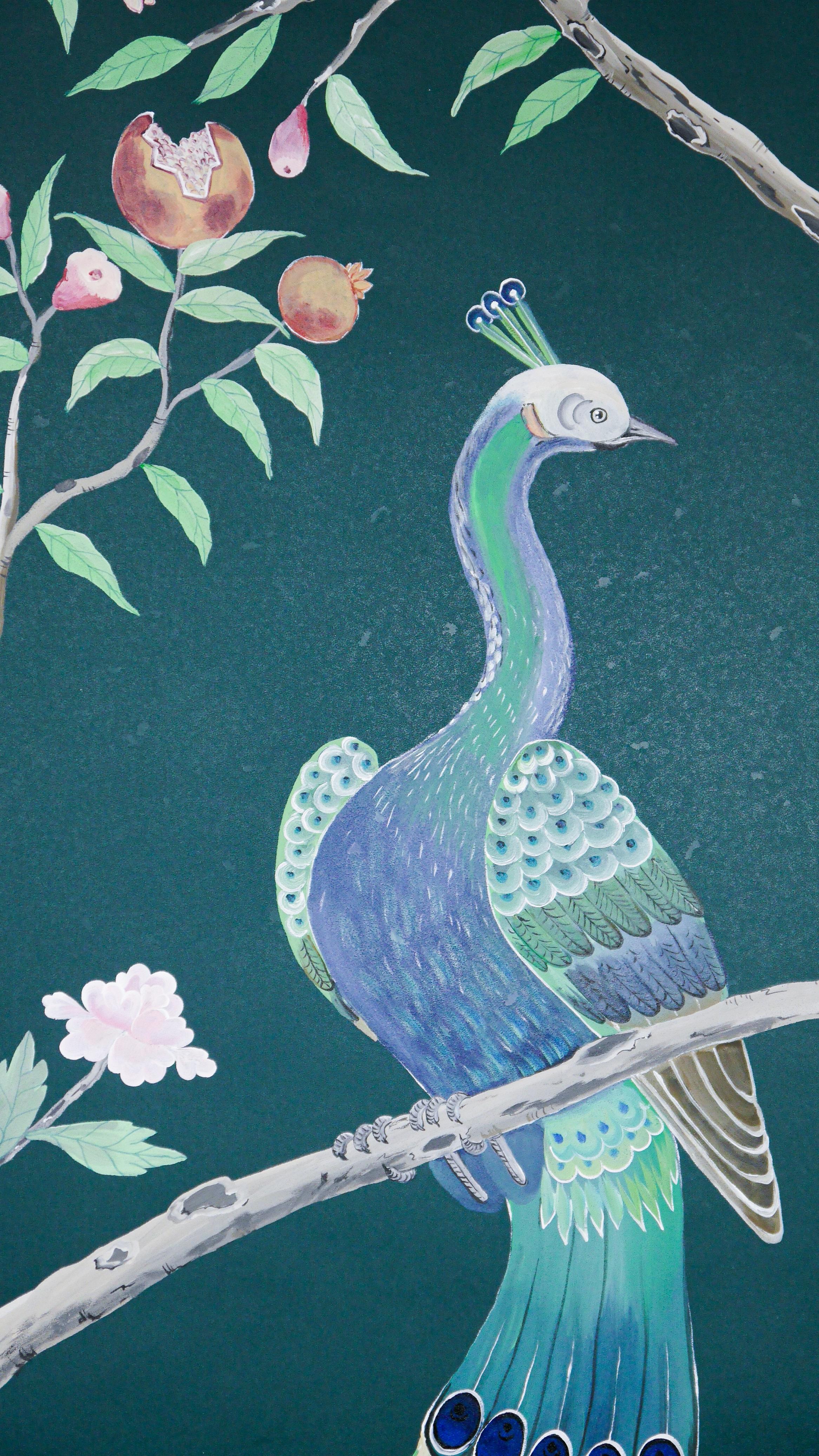 Hand-Painted Chinoiserie Hand Painted Chinese Panel 19th Century Peacock Garden Teal For Sale