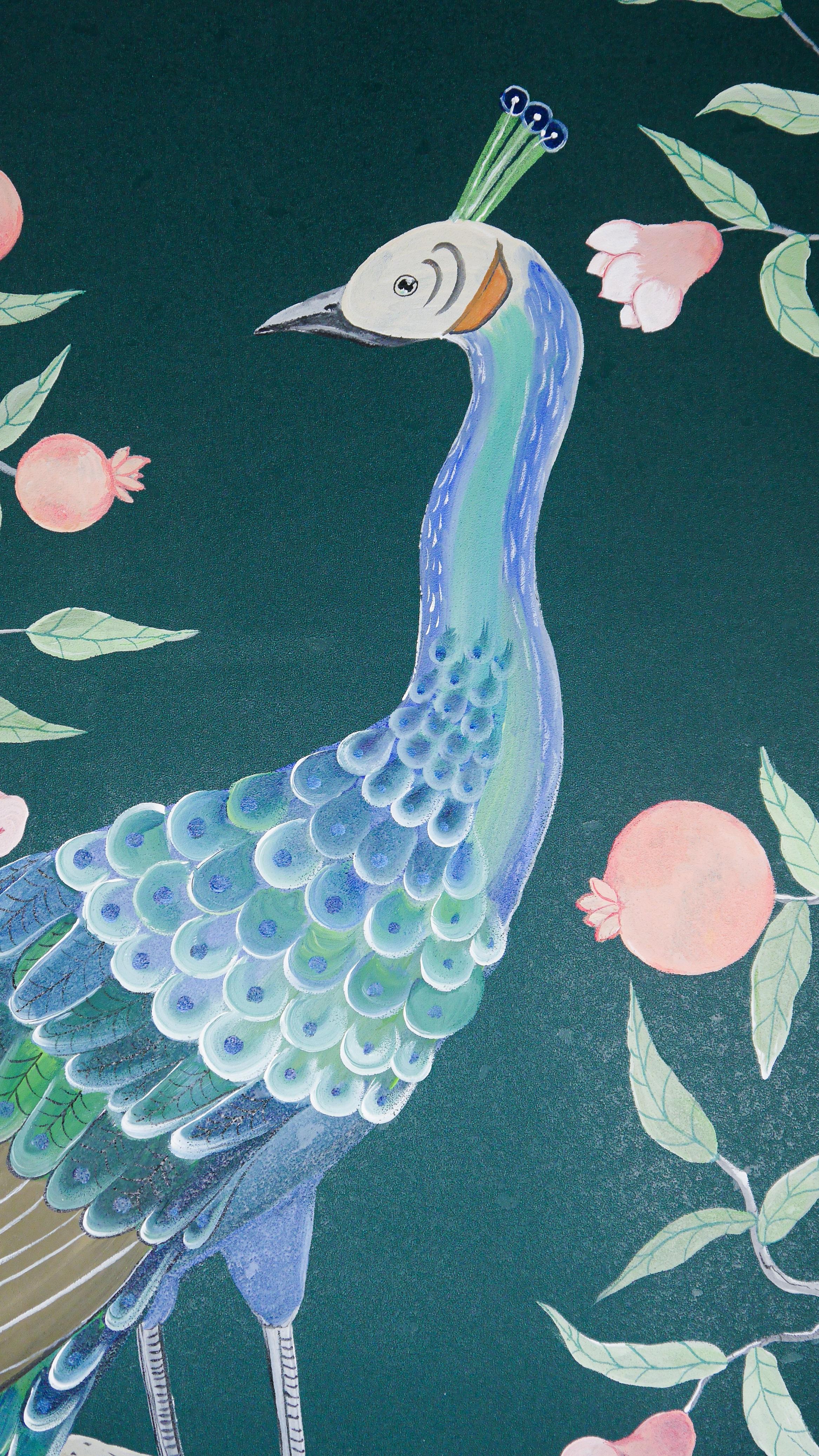 Paper Chinoiserie Hand Painted Chinese Panel 19th Century Peacock Garden Teal For Sale