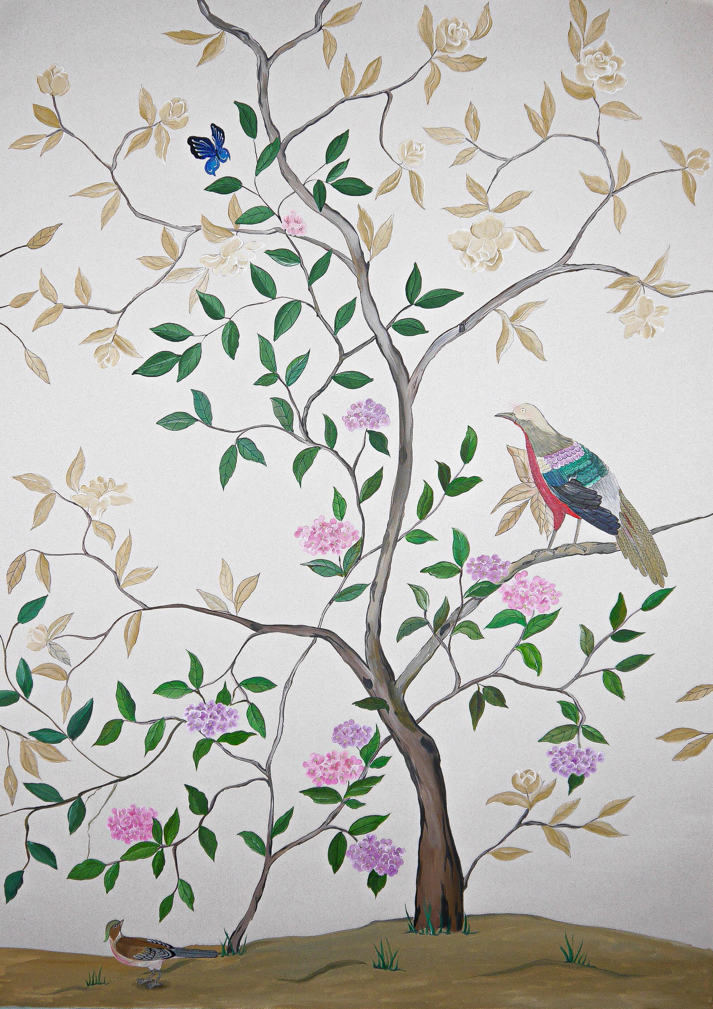 Temple Newsam: A set of three Chinoiserie panels on ivory background, inspired by Temple Newsam estate, with gilding 24K gold elements. When put together, all three panels build one image. 
Our designs are based on 18th century Chinese wallpaper