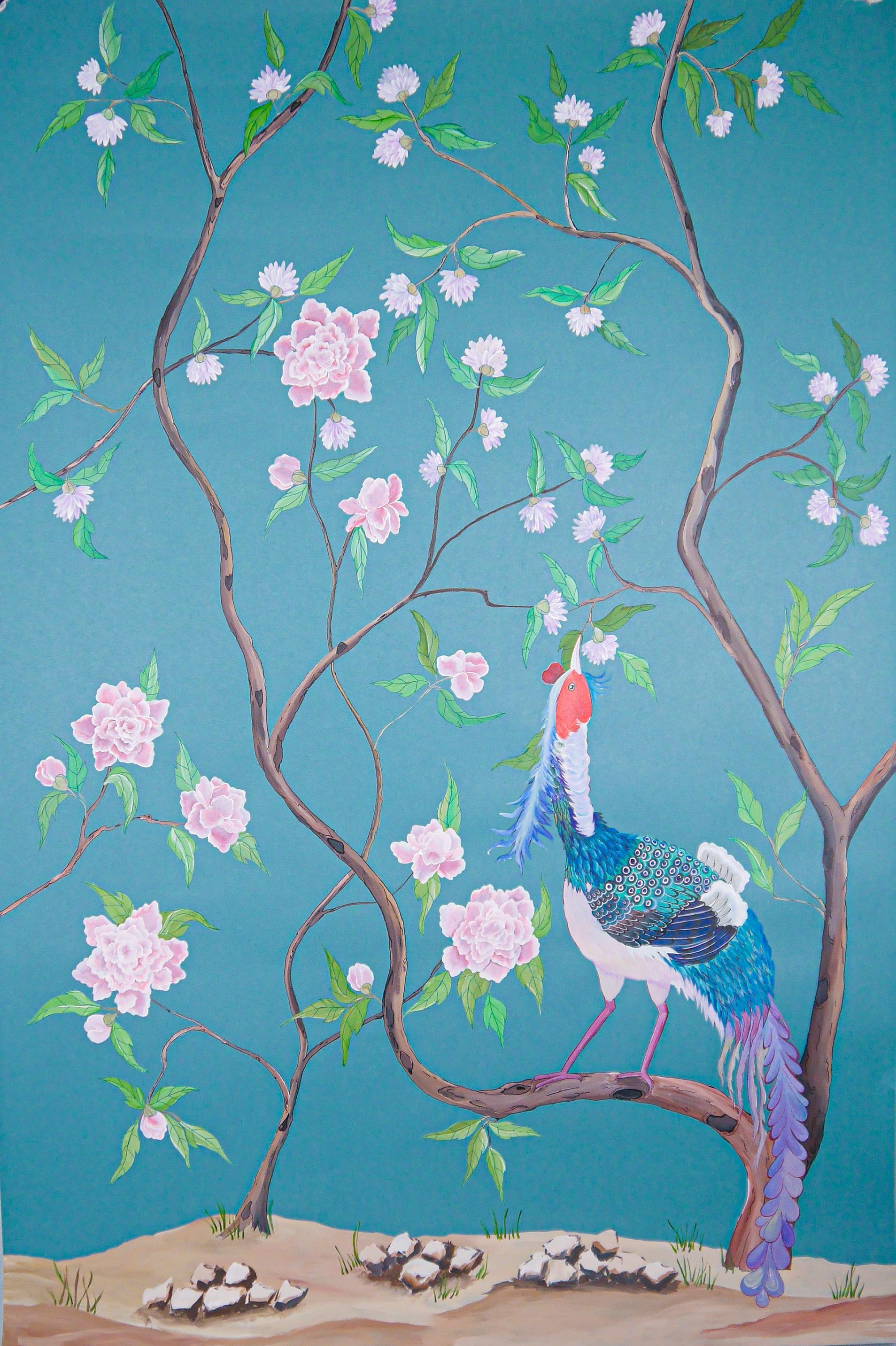 Chinoiserie chinoiserie Hand Painted Chinese Panel 19th Century Tribute to Cobham For Sale