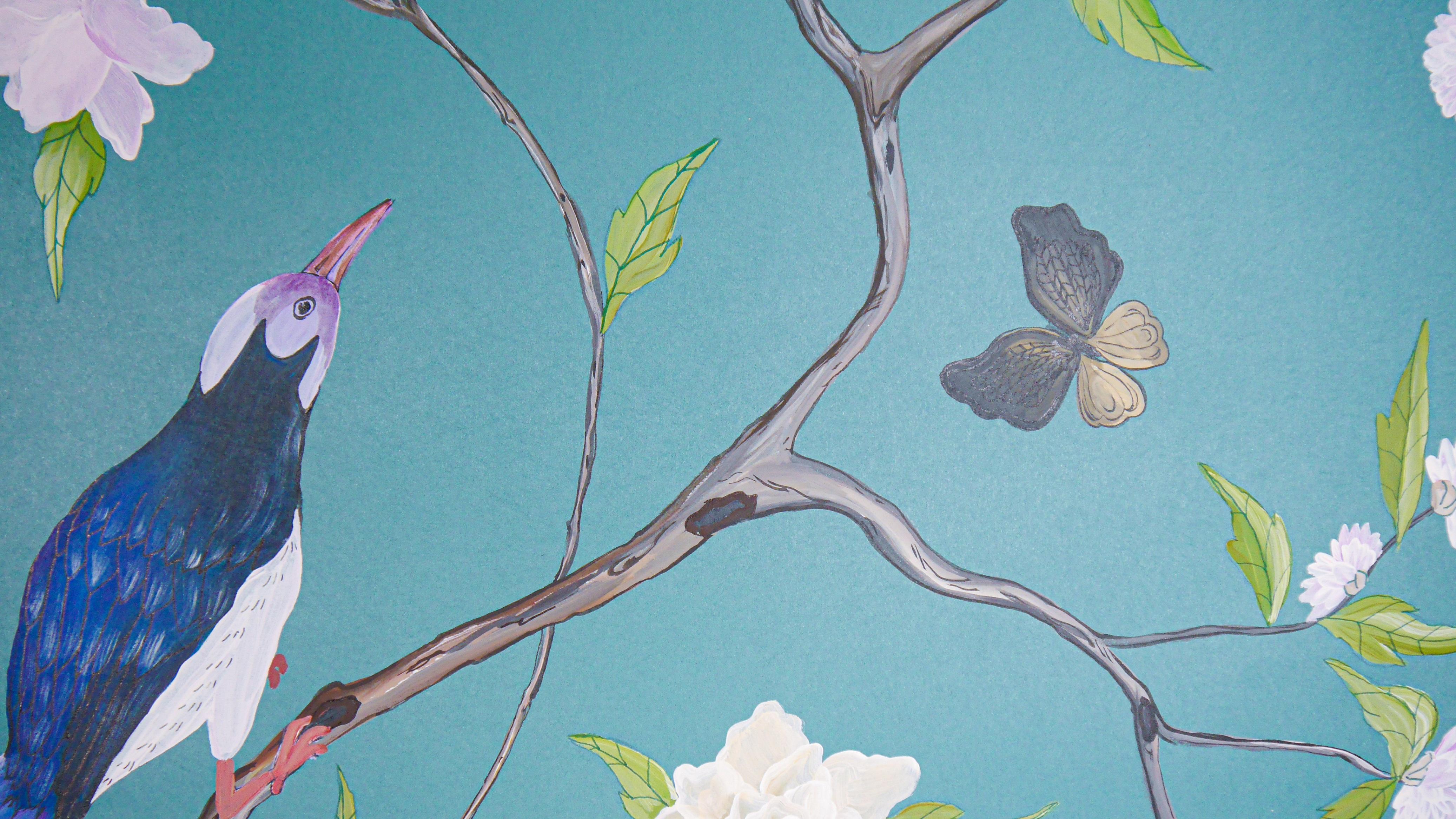 Contemporary Chinoiserie Hand Painted Chinese Wallpaper Panel 19th Century Tribute to Cobham For Sale
