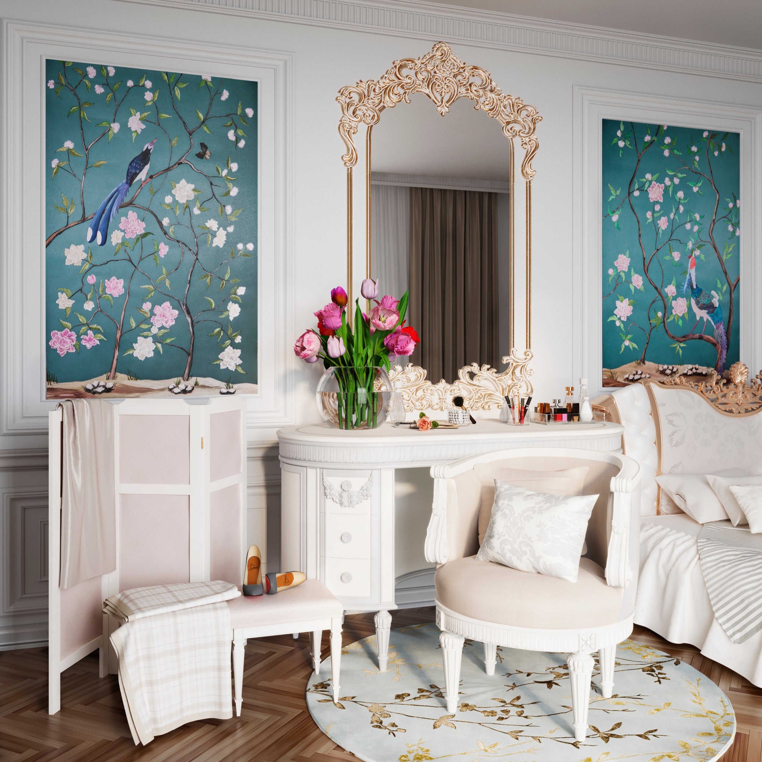 Tribute to Cobham: based on Cobham Hall’s Chinese wallpaper elements. A set of three wallpaper panels.



Our wallpapers and panels are produced with love and patience, the artists invest hours of manual work. We appreciate high quality of