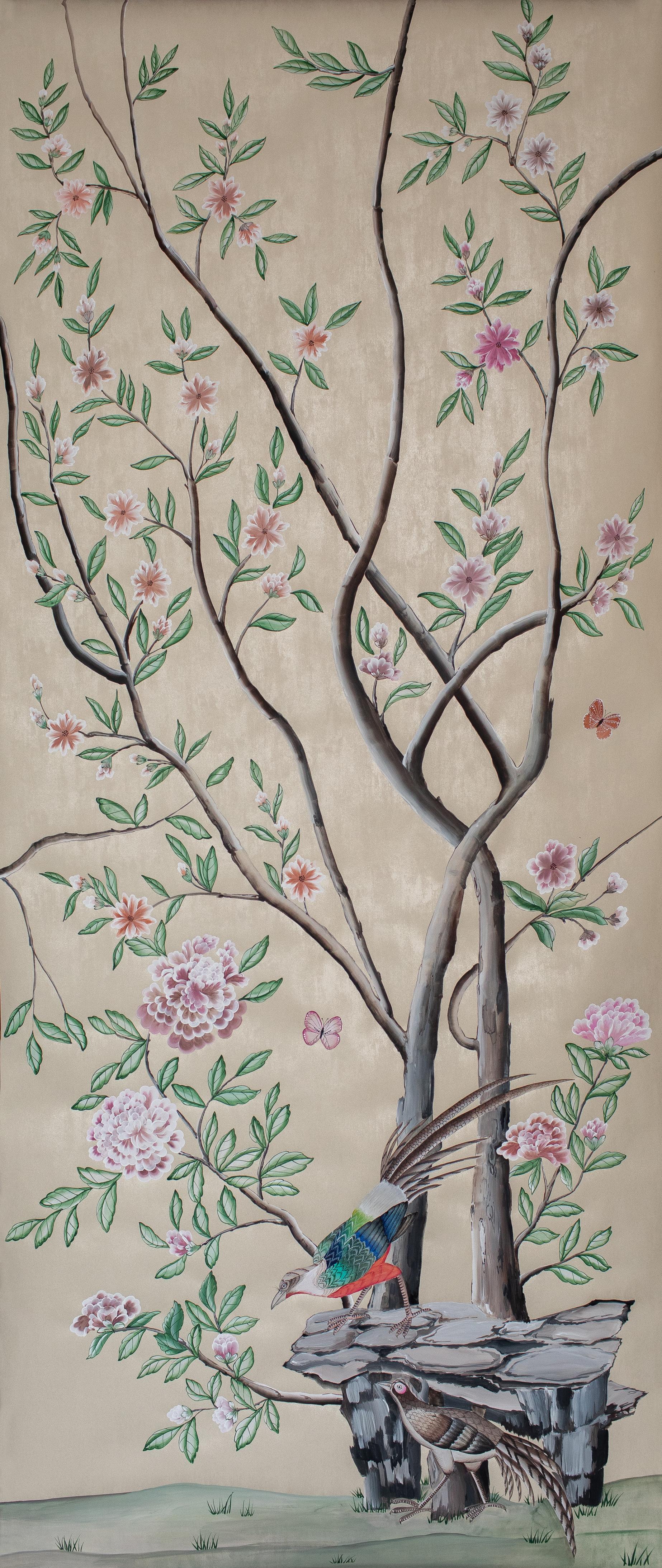 chinoiserie hand painted Chinese Wallpaper Hellbrunn 19th Century Original For Sale 4