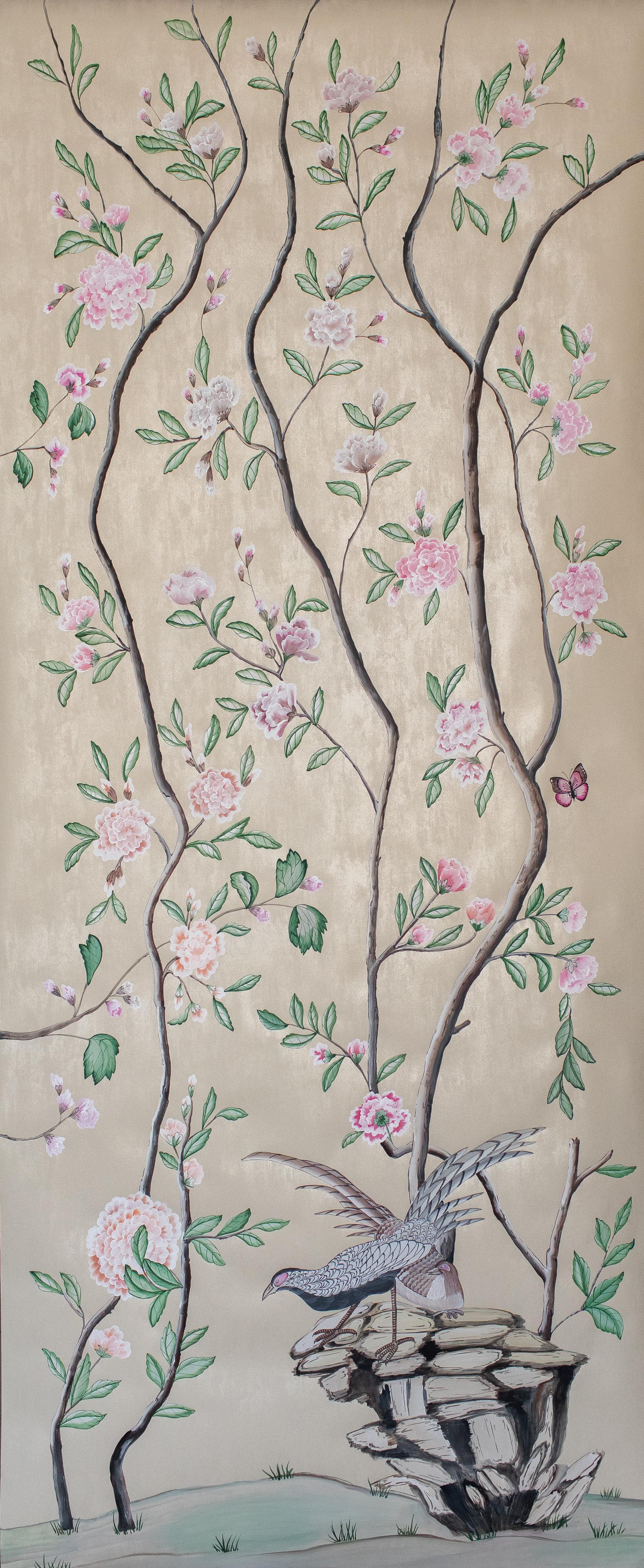Contemporary chinoiserie hand painted Chinese Wallpaper Hellbrunn 19th Century Original For Sale