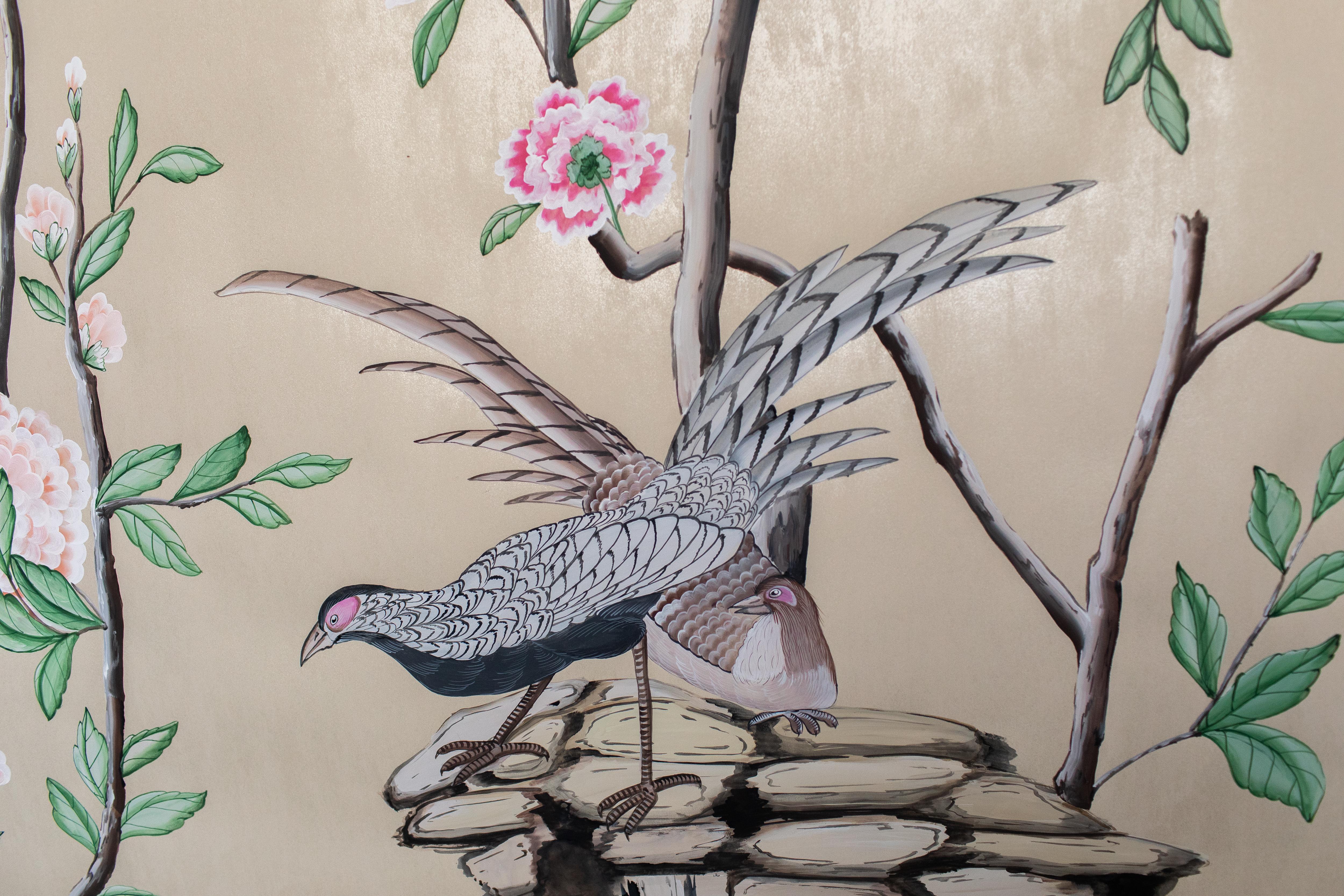 Paper chinoiserie hand painted Chinese Wallpaper Hellbrunn 19th Century Original For Sale