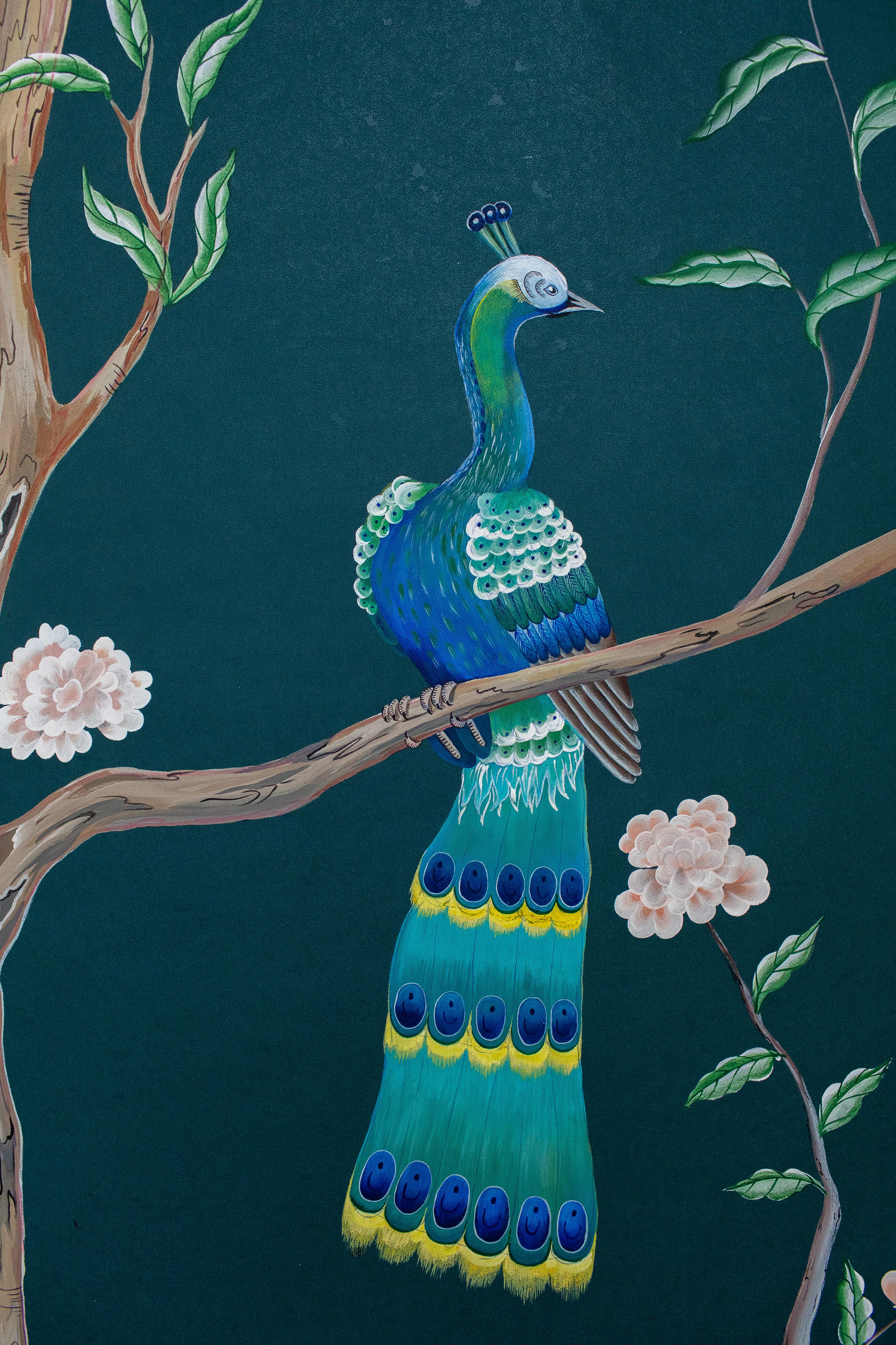 chinoiserie Hand Painted Chinese Wallpaper Peacock Garden For Sale 1