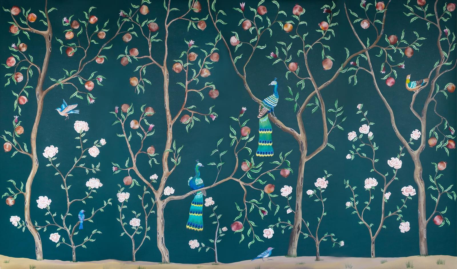 Pfauengarten auf tealfarbenem Hintergrund in Lederoptik: ein mystischer Garten mit Pfauen und exotischen Vögeln auf Granatapfelbäumen, inspiriert von einem Original aus der Qing-Dynastie. Ein Satz von vier Hintergrundbildern.

Unsere Tapeten und