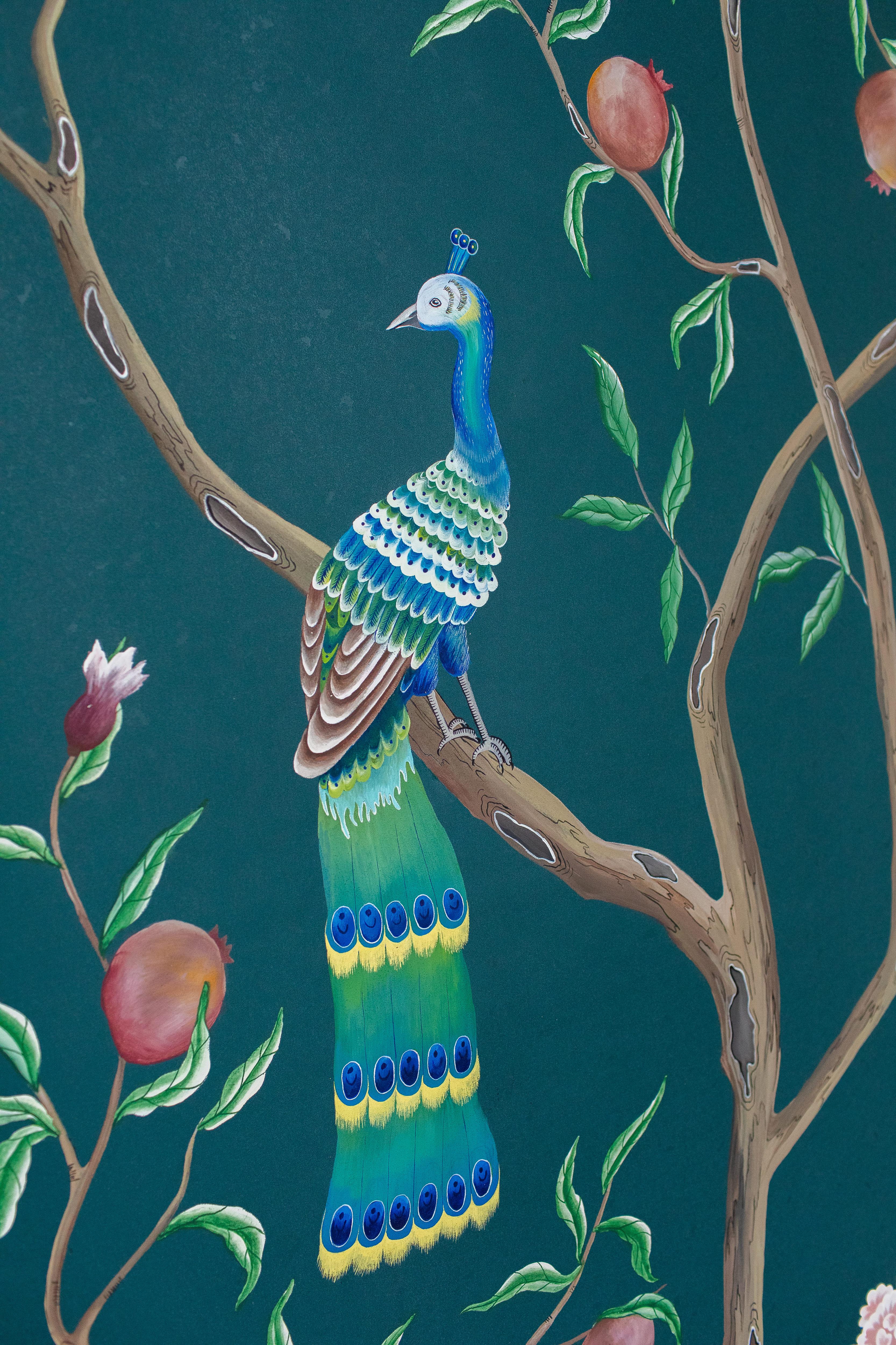 Chinoiserie chinoiserie Hand Painted Chinese Wallpaper Peacock Garden For Sale