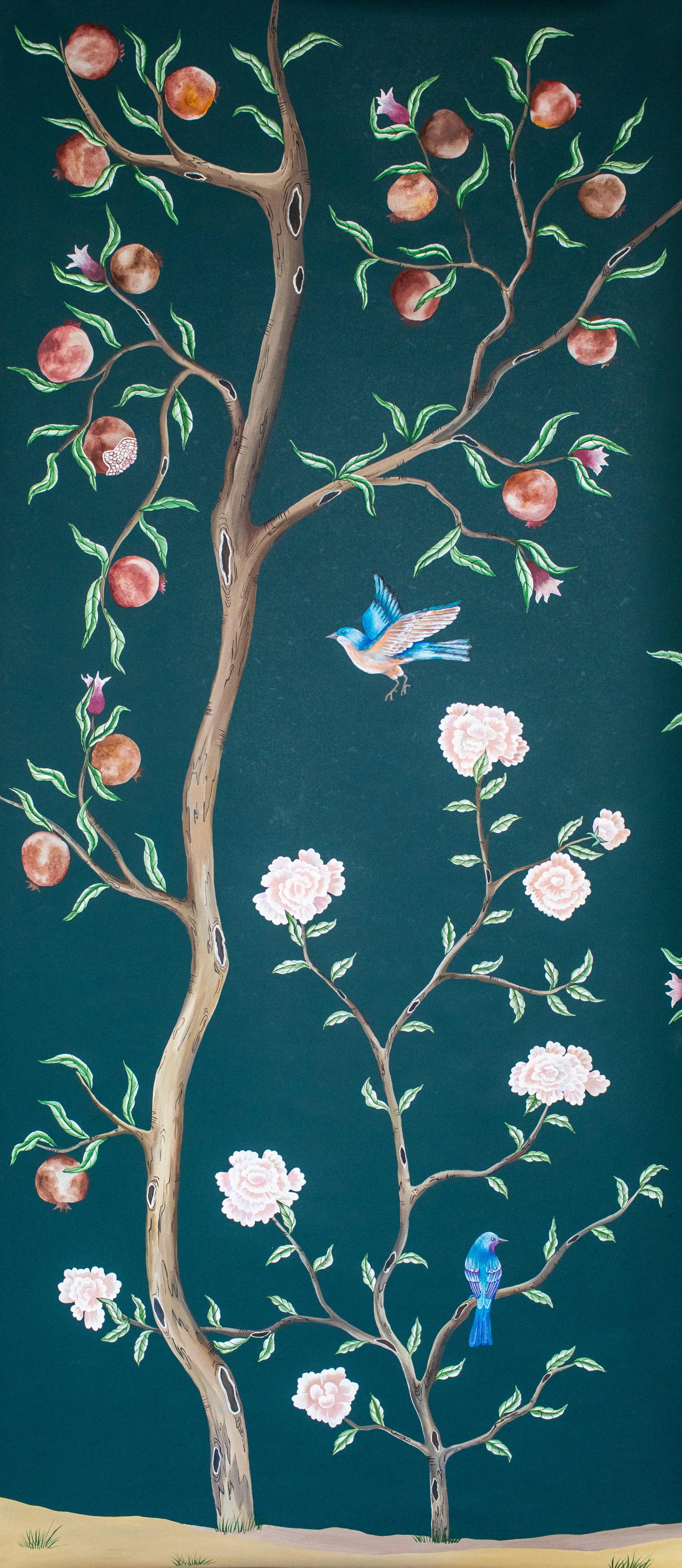 German chinoiserie Hand Painted Chinese Wallpaper Peacock Garden For Sale