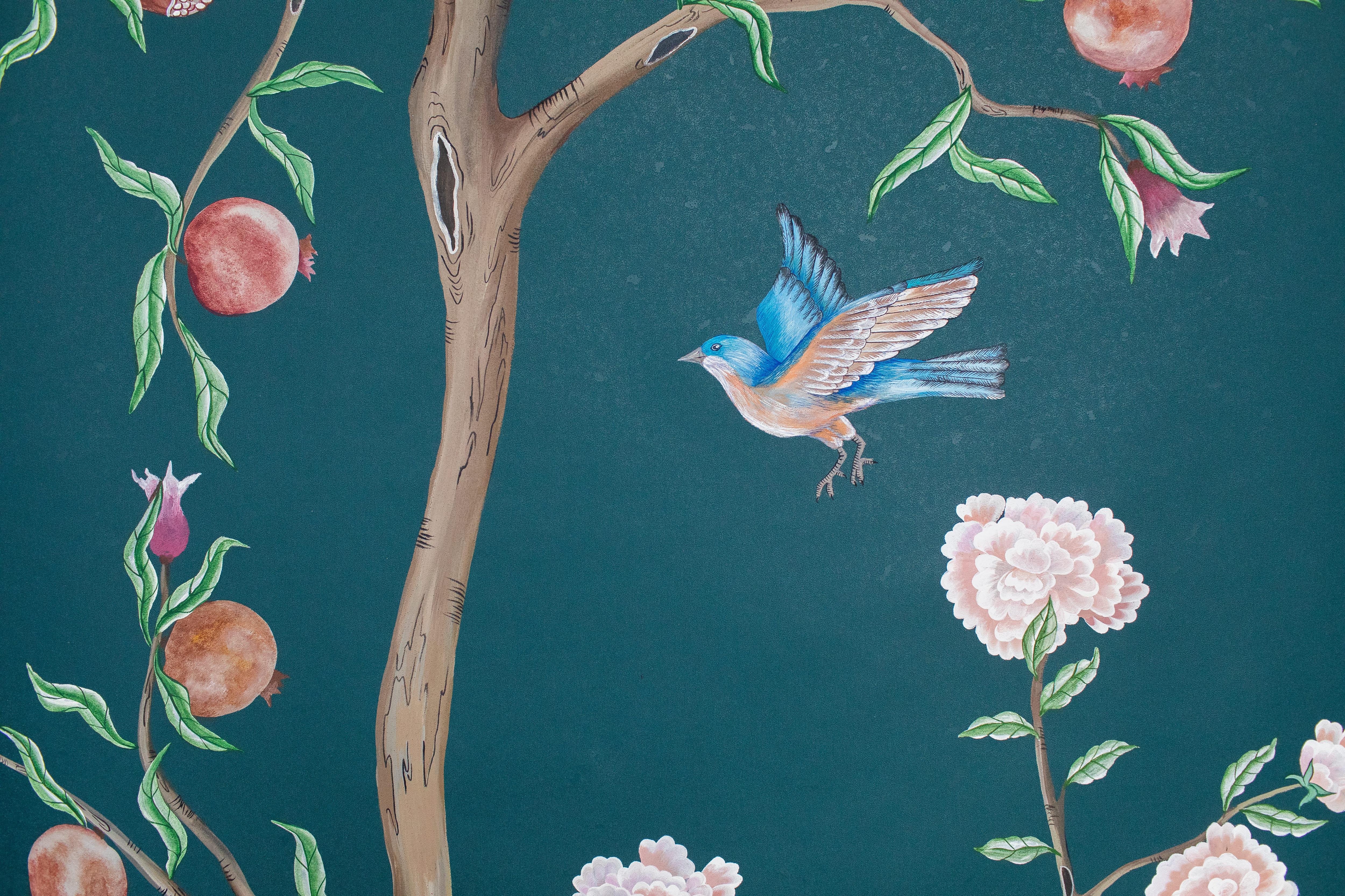 Hand-Painted chinoiserie Hand Painted Chinese Wallpaper Peacock Garden For Sale