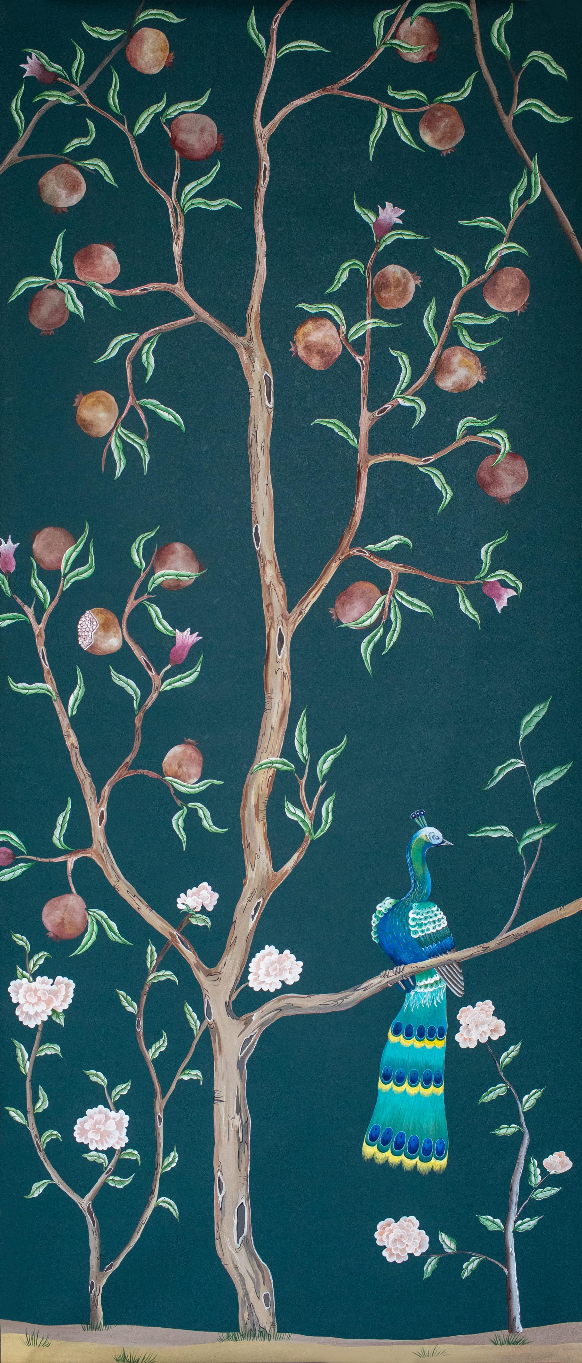 Paper chinoiserie Hand Painted Chinese Wallpaper Peacock Garden For Sale