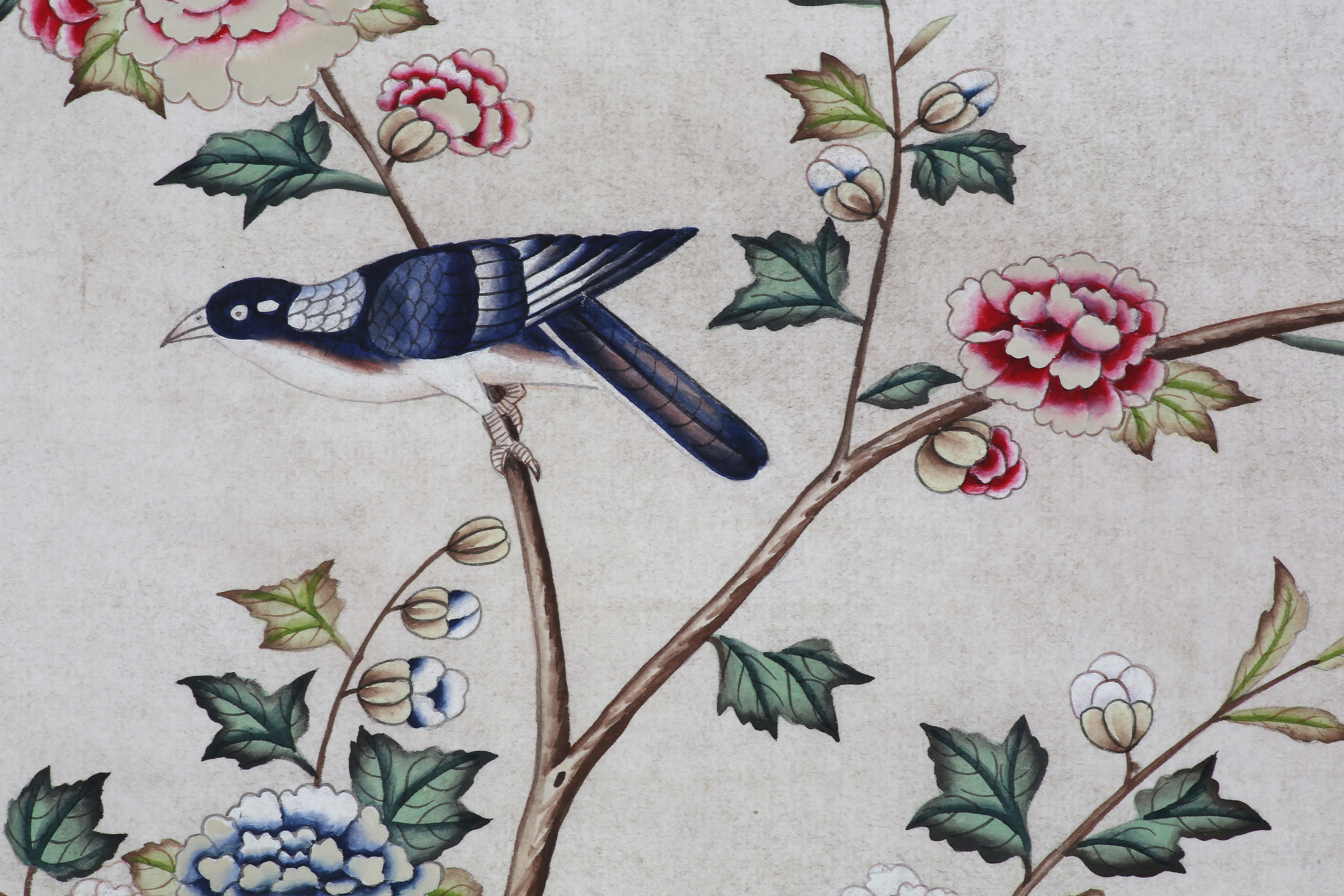 Chinoiserie Handpainting of Export Wallpaper Panels with Trees, Flowers & Birds For Sale 1