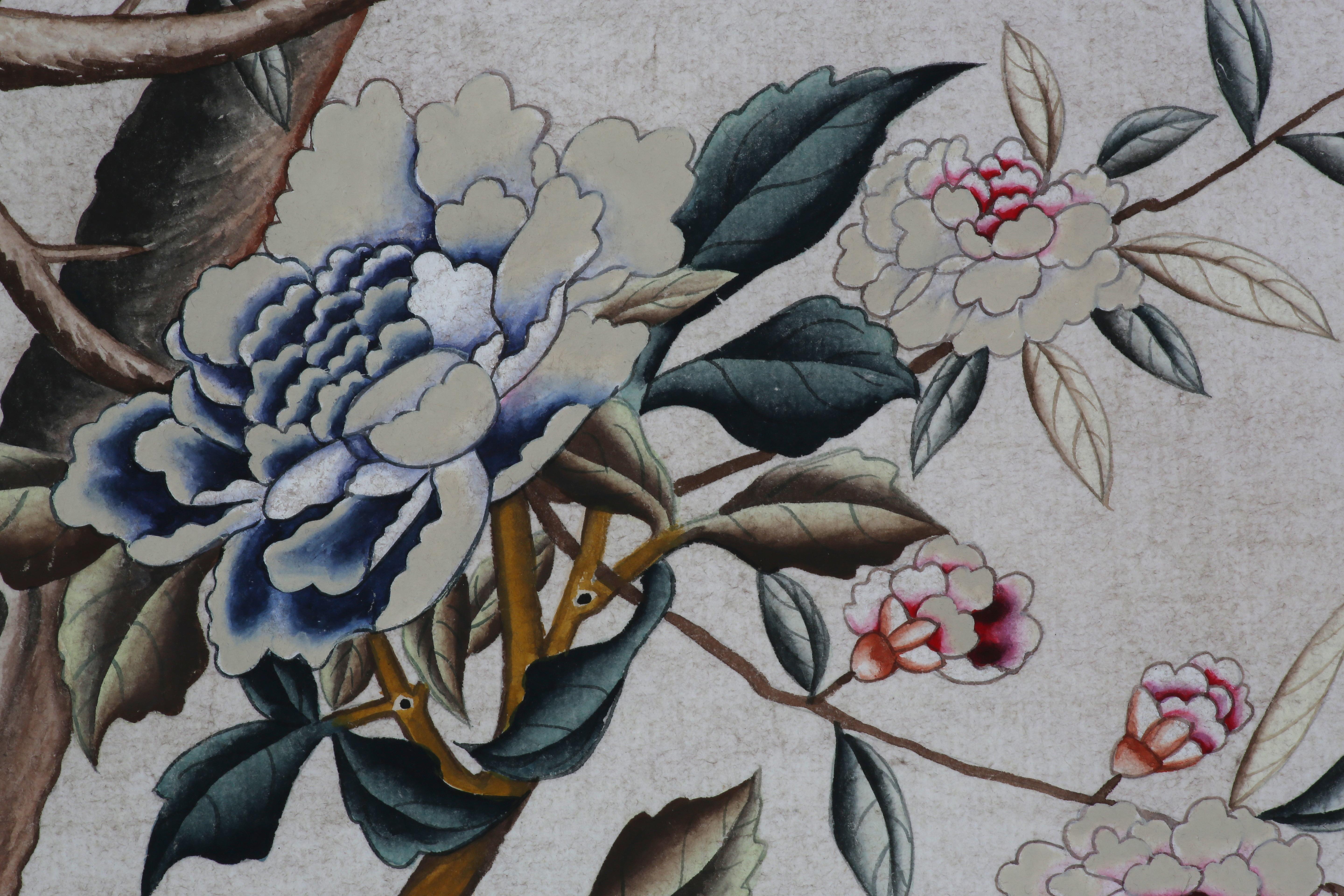 Chinoiserie Handpainting of Export Wallpaper Panels with Trees, Flowers & Birds For Sale 3