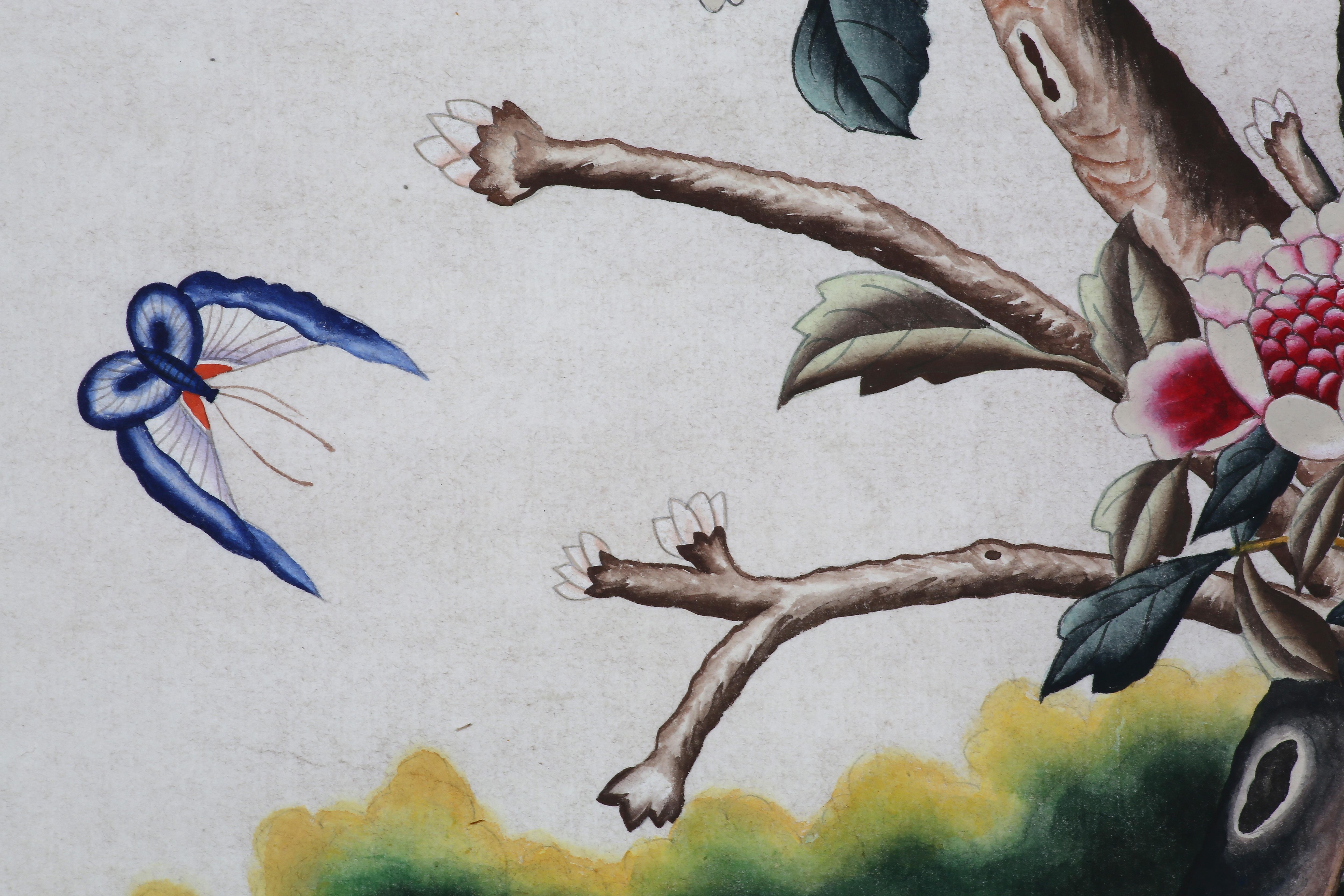 Panneaux de papier peint d'exportation peints à la main en chinoiserie avec des arbres:: des fleurs et des oiseaux & 7