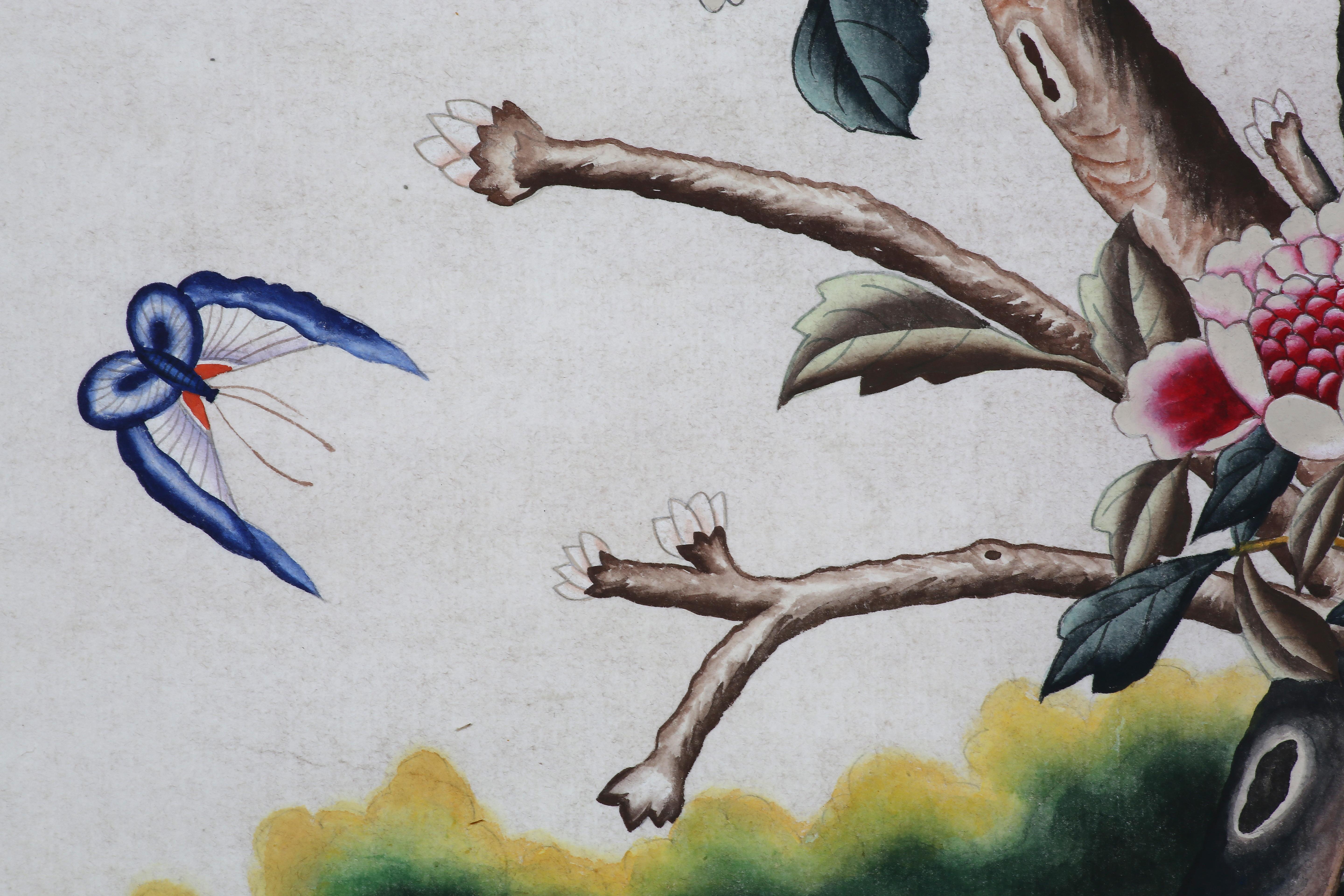 Chinoiserie Handpainting of Export Wallpaper Panels with Trees, Flowers & Birds For Sale 4