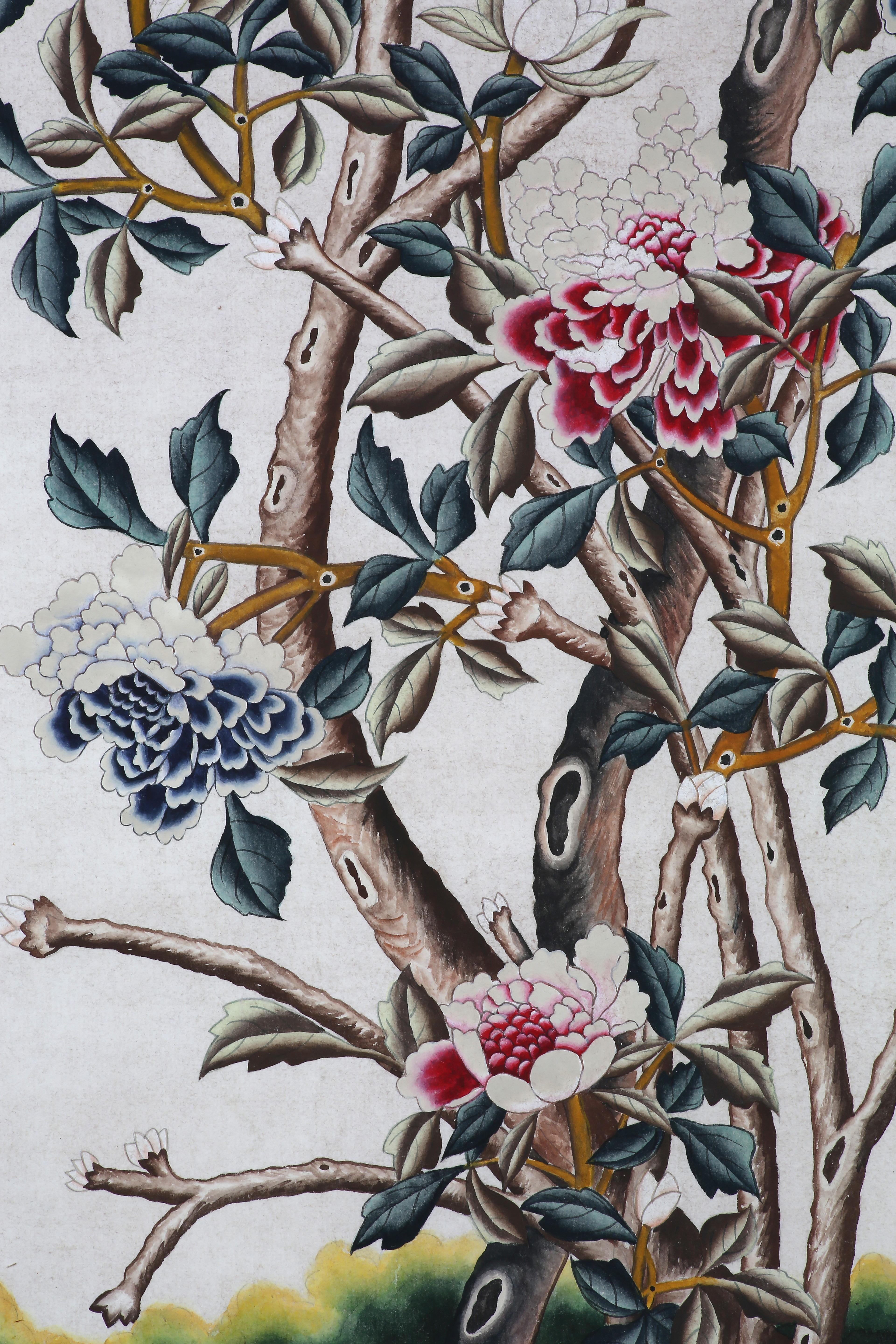 Peinture à la main de panneaux de papier peint d'exportation avec arbres, fleurs et oiseaux en vente 7