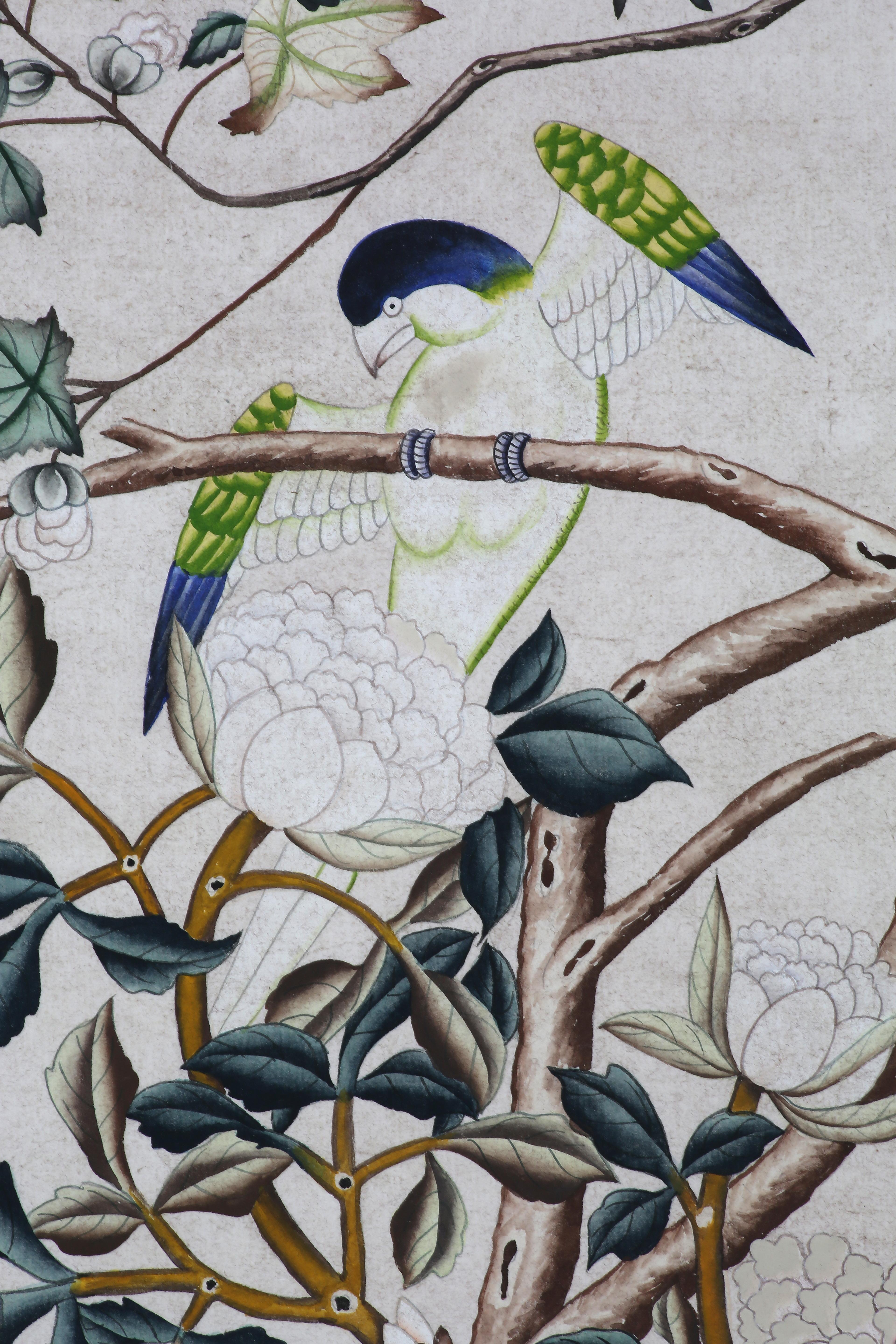 Chinoiserie Handpainting of Export Wallpaper Panels with Trees, Flowers & Birds For Sale 6