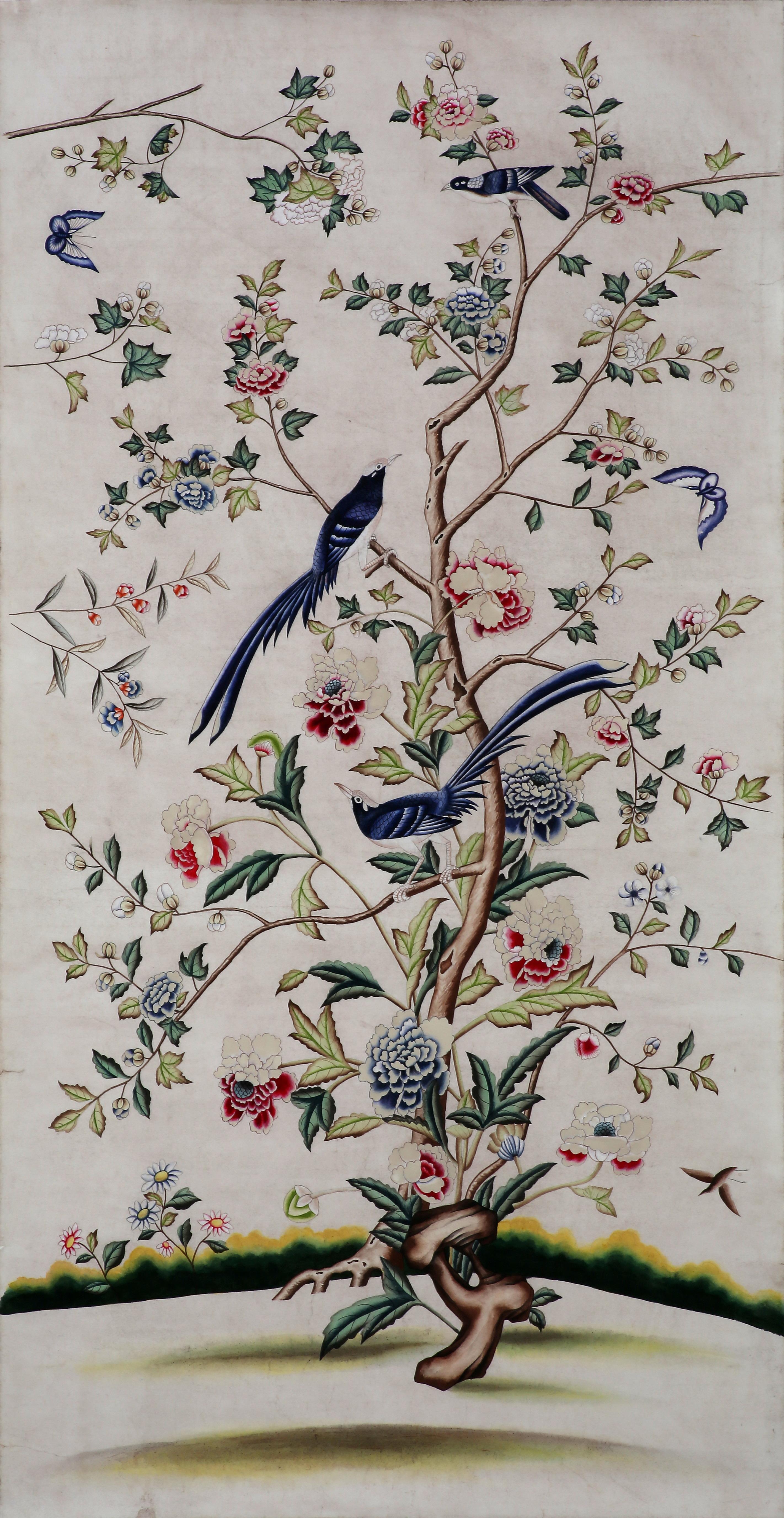 Chinoiseries Peinture à la main de panneaux de papier peint d'exportation avec arbres, fleurs et oiseaux en vente
