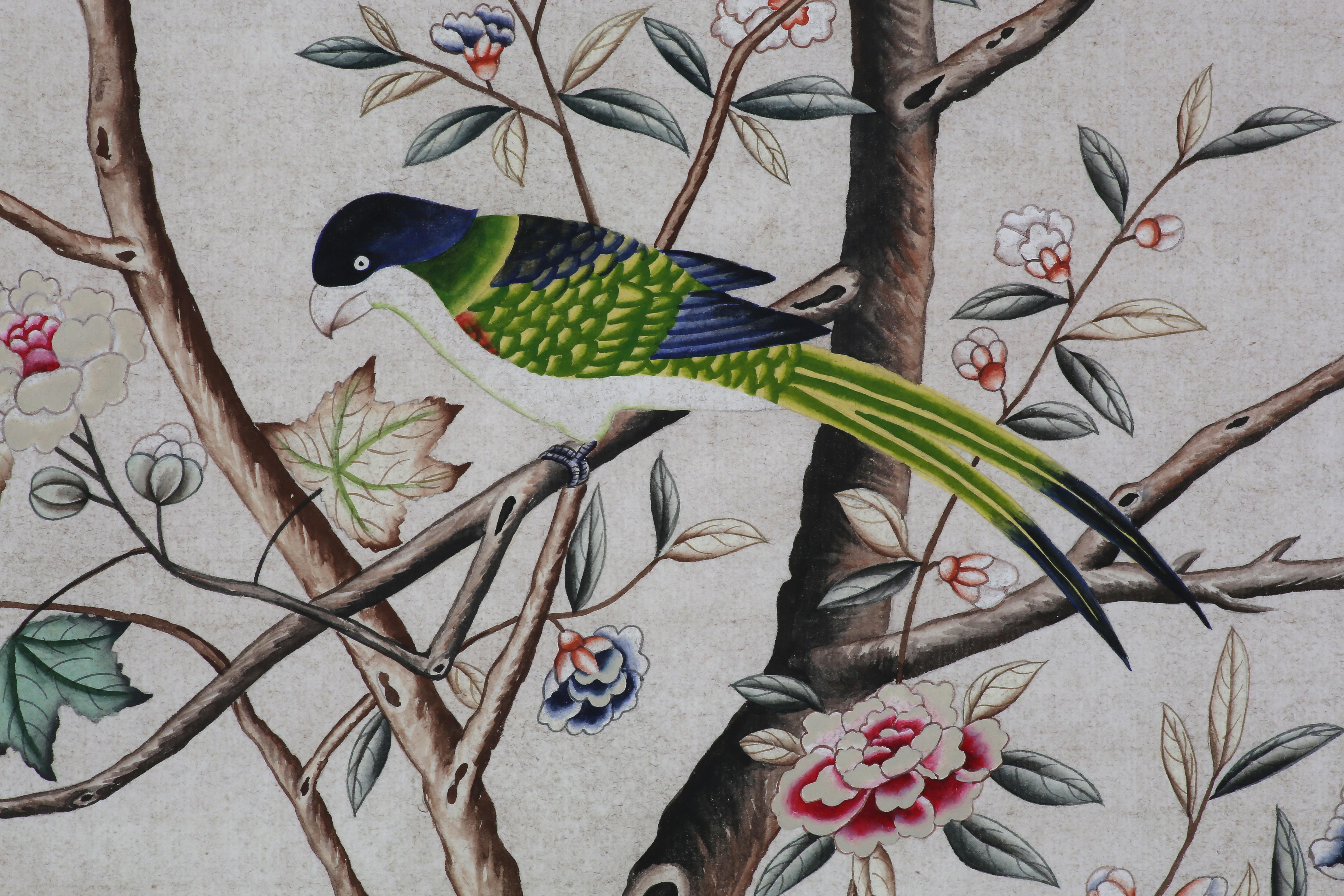 Peint à la main Panneaux de papier peint d'exportation peints à la main en chinoiserie avec des arbres:: des fleurs et des oiseaux &