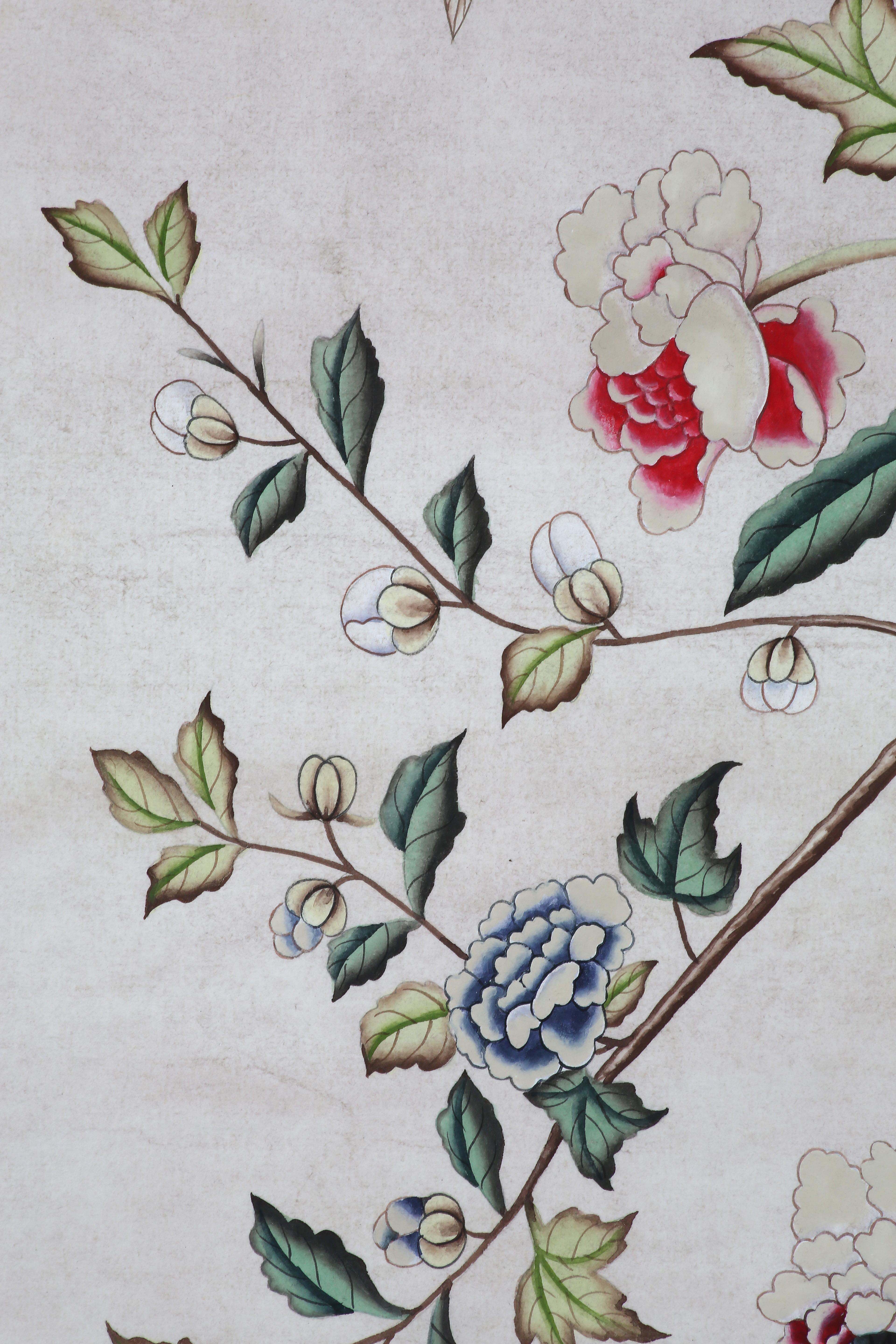 Hand-Painted Chinoiserie Handpainting of Export Wallpaper Panels with Trees, Flowers & Birds For Sale