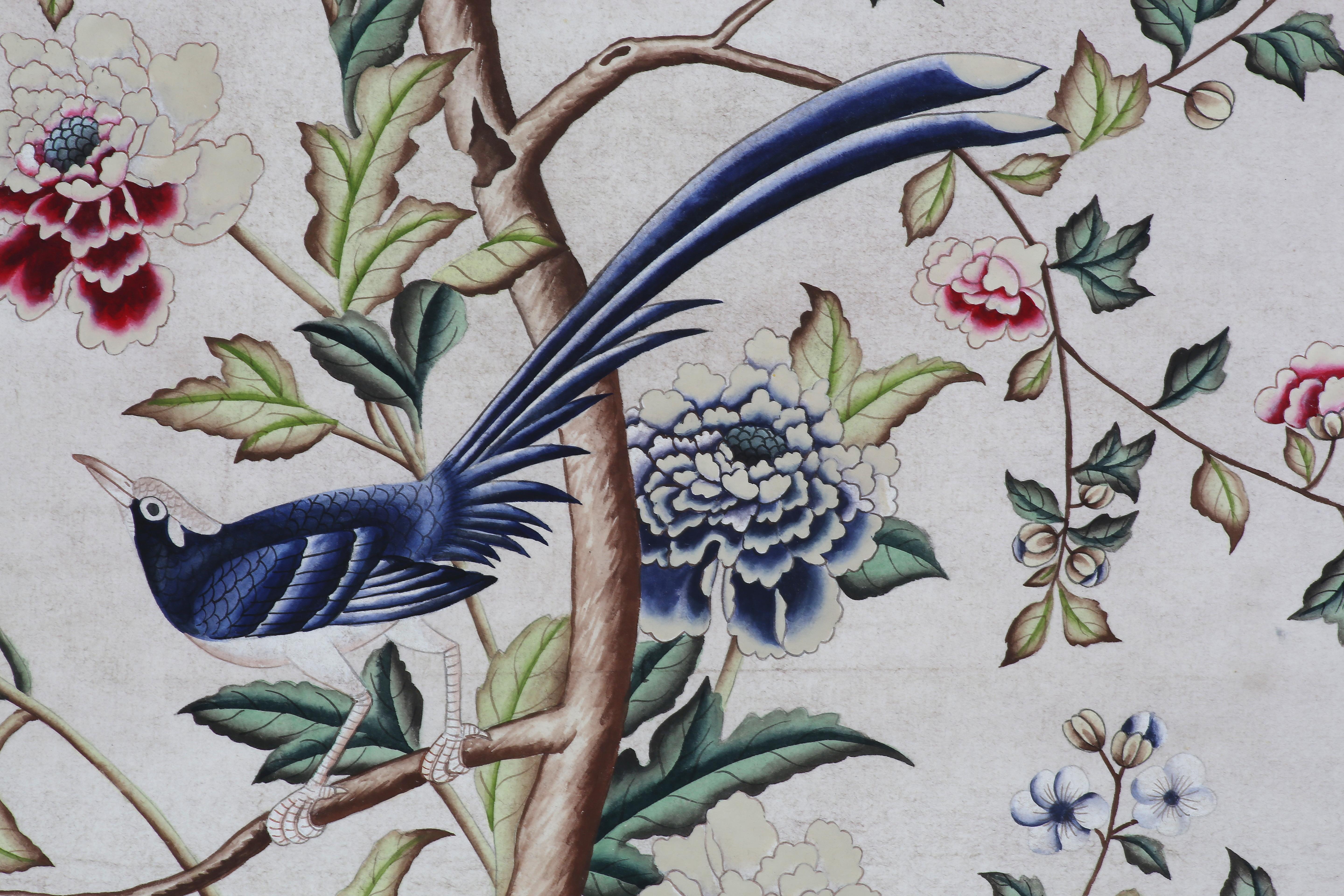 Contemporary Chinoiserie Handpainting of Export Wallpaper Panels with Trees, Flowers & Birds For Sale