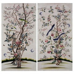 Chinoiserie Handpainting of Export Wallpaper Panels with Trees, Flowers & Birds