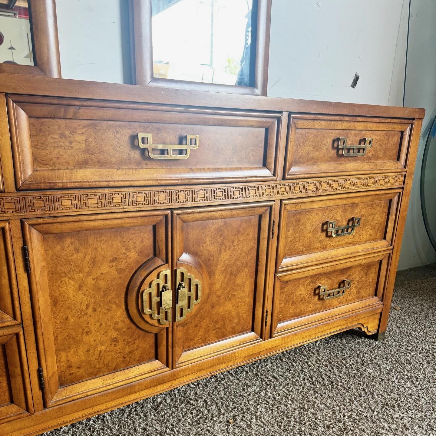 Experience the classic elegance of the Chinoiserie Henry Link Mandarin Dresser Set With Mirrors by Lexington Furniture. This three-piece set highlights traditional Chinese motifs and craftsmanship with intricate hand-painted designs on the dresser