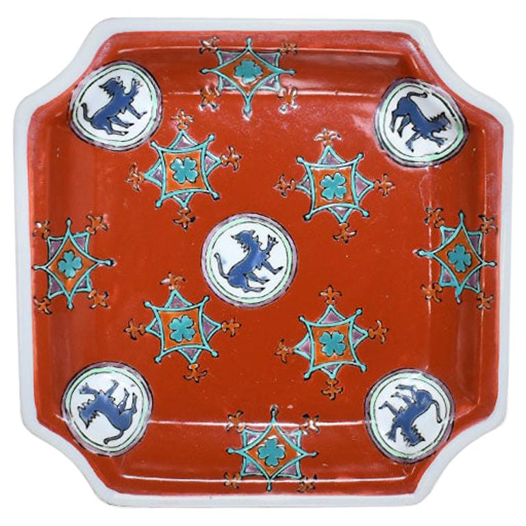 Chinoiserie Hexagonal Red Glazed Decorative Trinket Dish with Foo Dogs
