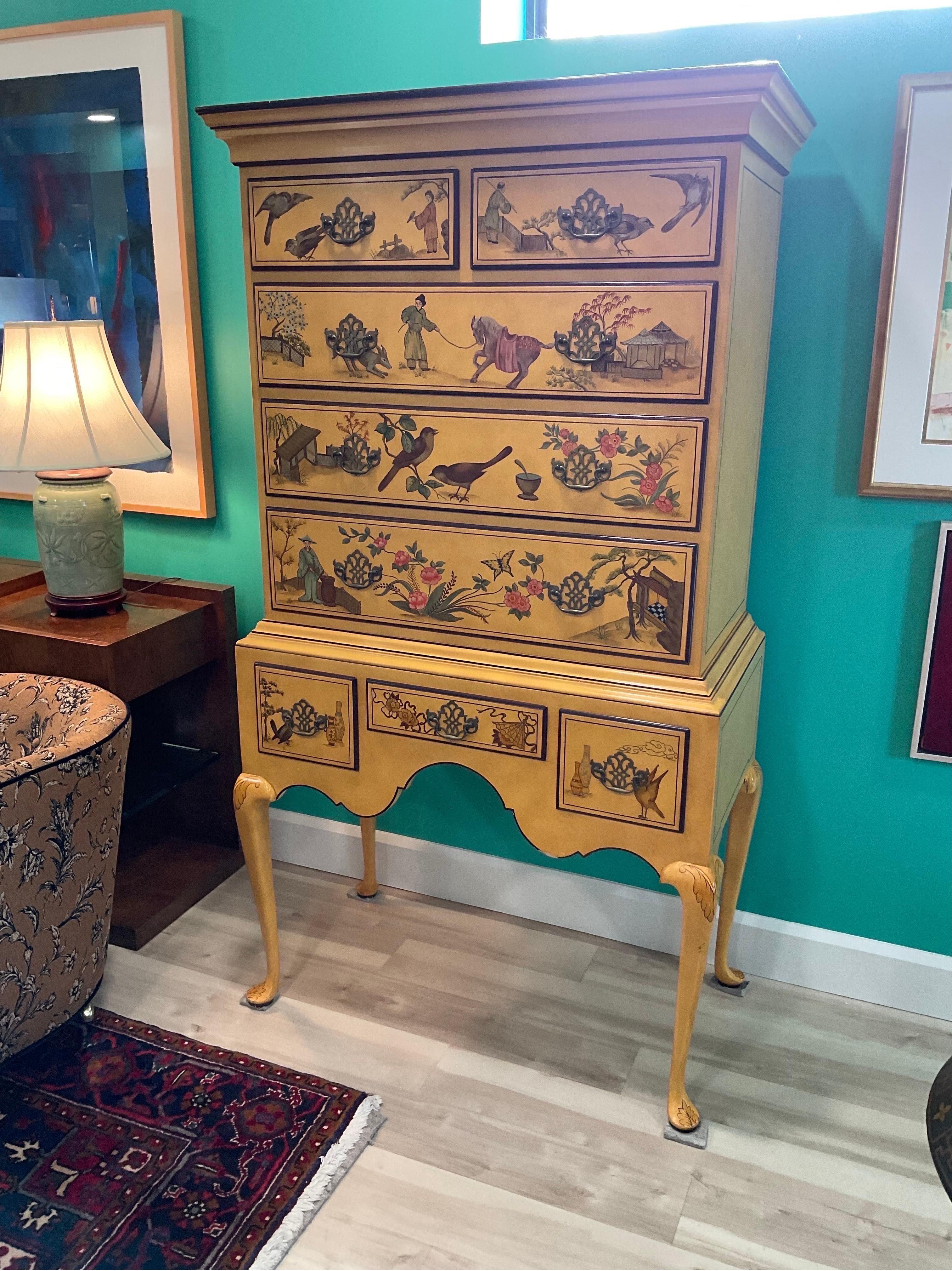 Spectacular and seldom seen Chinoiserie Highboy from a small Collection Baker which was featured in this extraordinary Yellow Base with hand painted scenes. 

Condition Disclosure:
Please understand nearly all of our inventory is comprised of rare