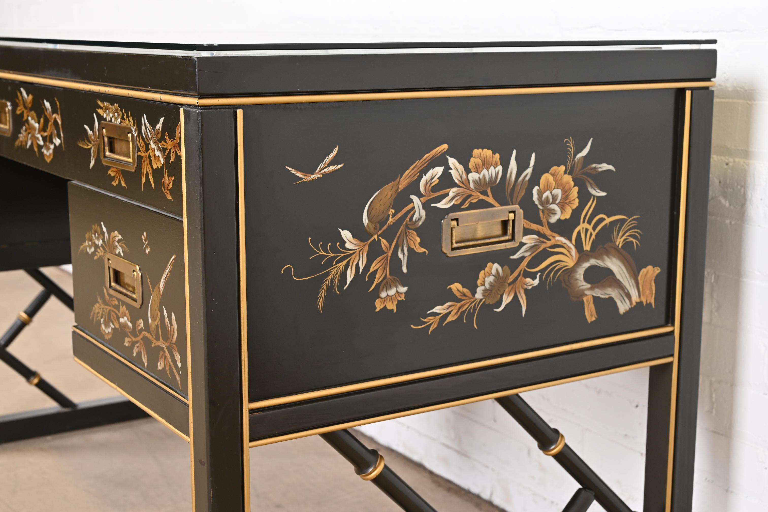 Chinoiserie Hollywood Regency Campaign Black Lacquered Writing Desk by Sligh For Sale 4