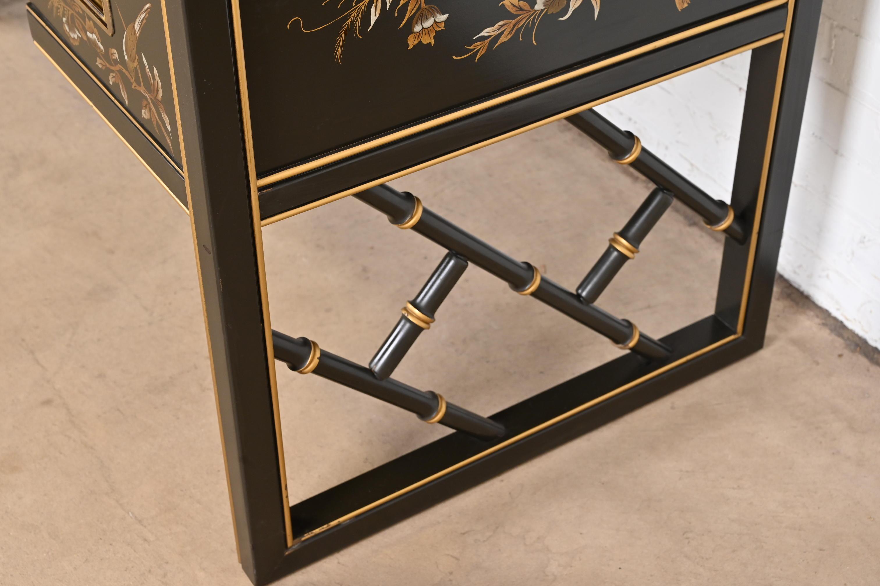 Chinoiserie Hollywood Regency Campaign Black Lacquered Writing Desk by Sligh For Sale 5